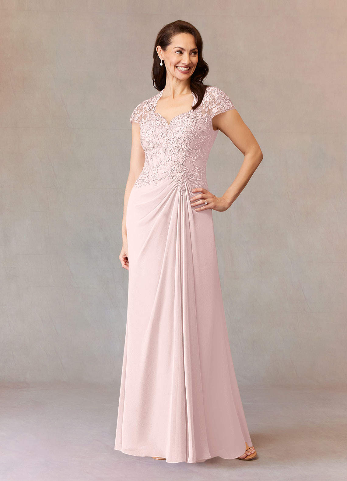 Junie A-Line Queen Anne Chiffon Mother of the Bride Dress in Blushing Pink