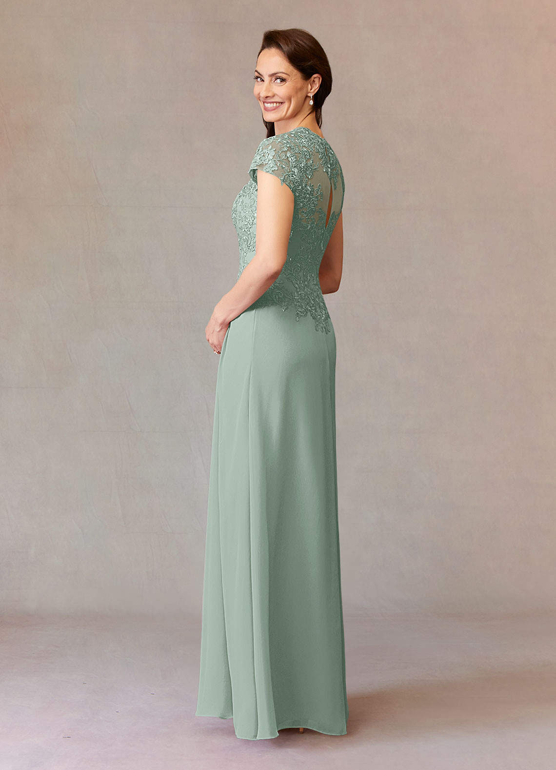 Junie A-Line Queen Anne Chiffon Mother of the Bride Dress in Agave