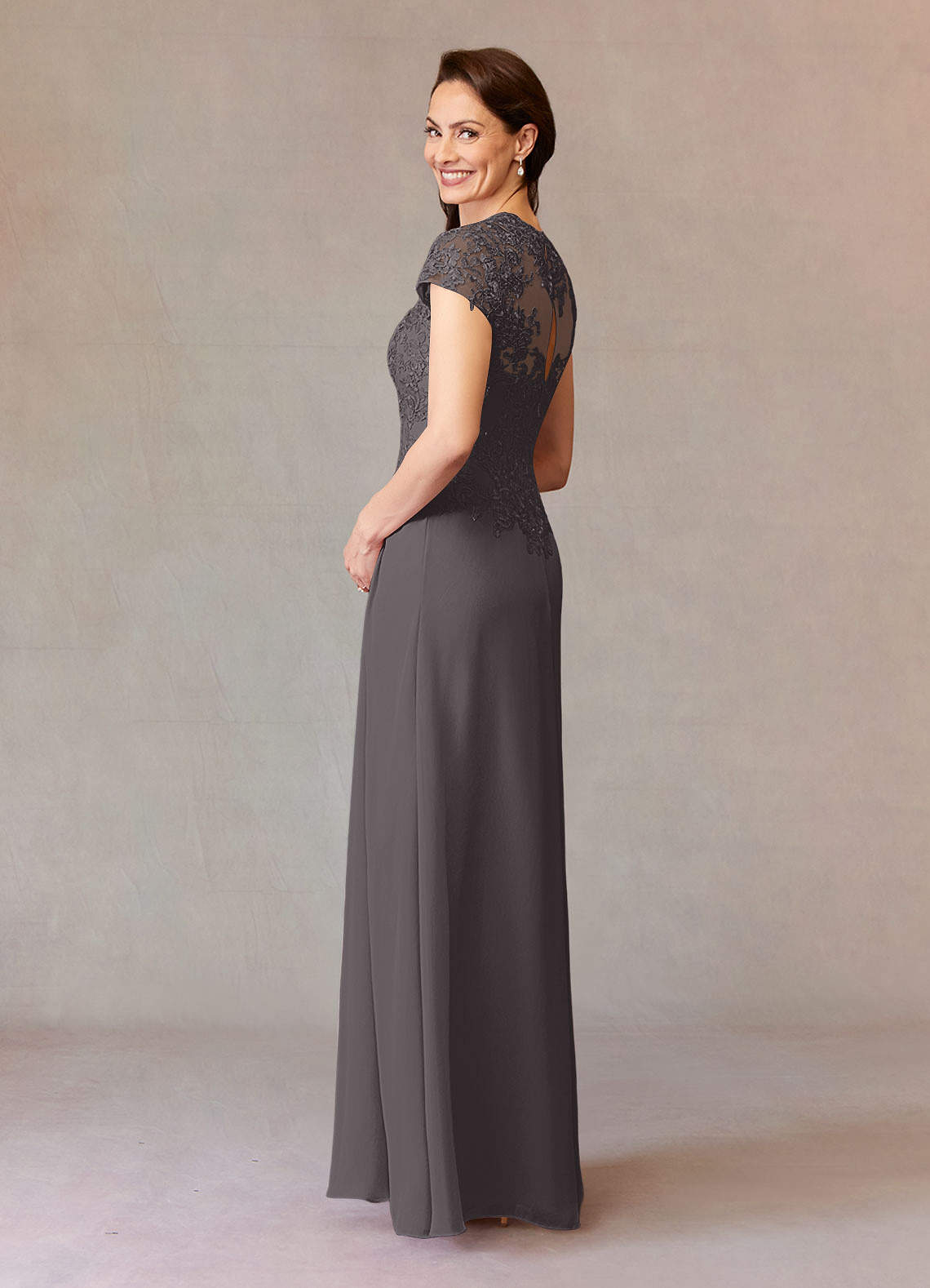 Junie A-Line Queen Anne Chiffon Mother of the Bride Dress in Steel Grey