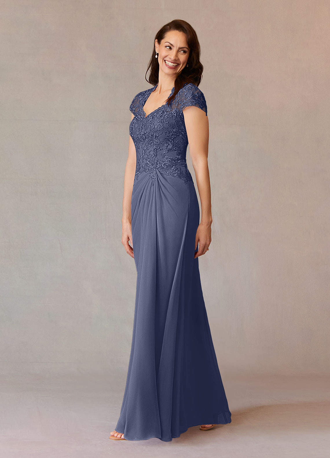 Junie A-Line Queen Anne Chiffon Mother of the Bride Dress in Stormy