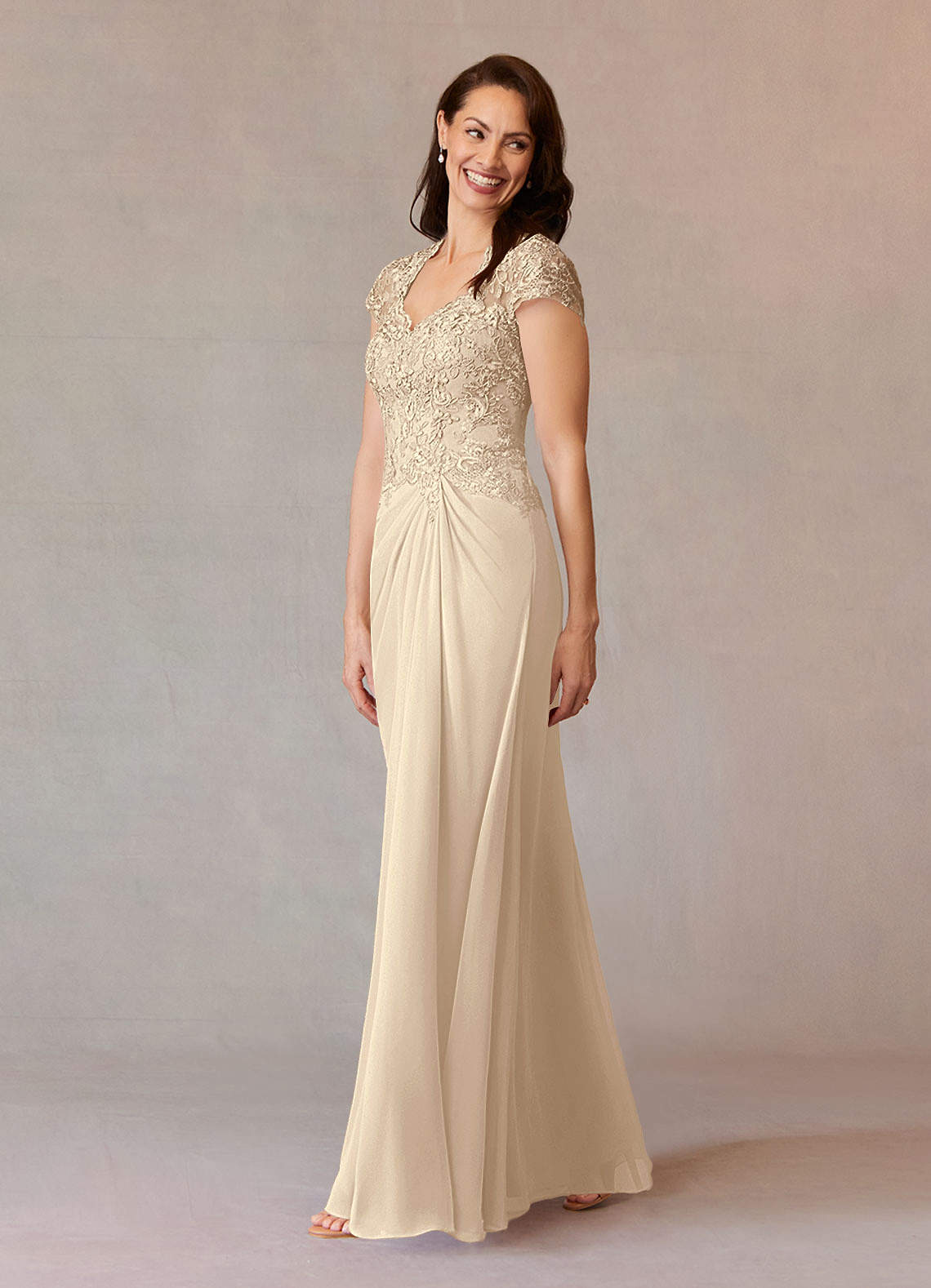 Junie A-Line Queen Anne Chiffon Mother of the Bride Dress in champagne