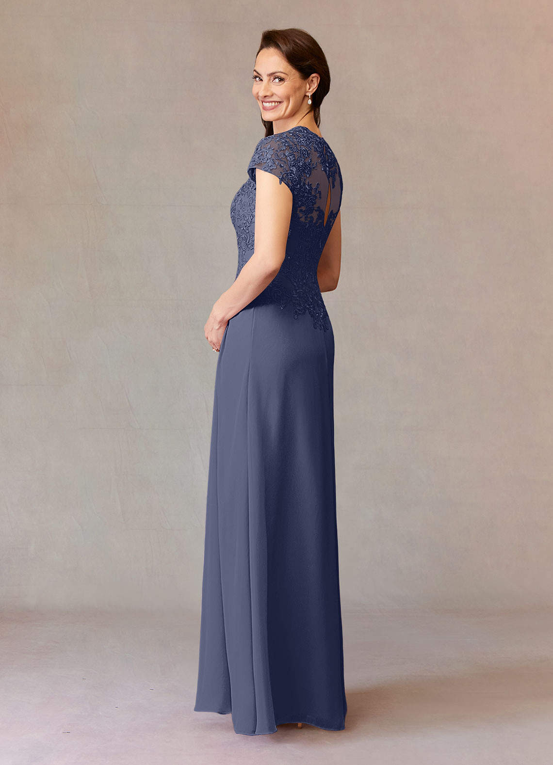 Junie A-Line Queen Anne Chiffon Mother of the Bride Dress in Stormy