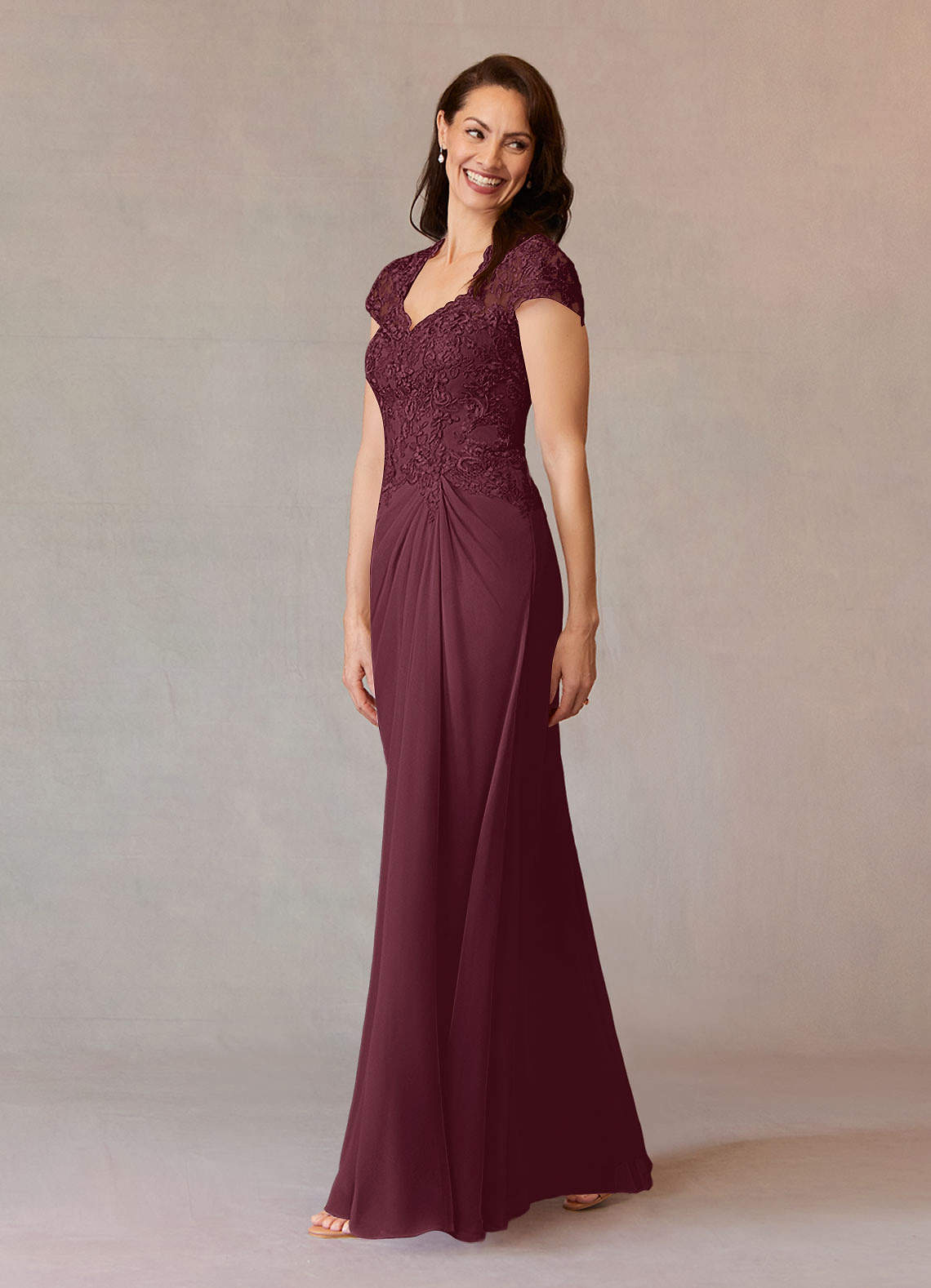 Junie A-Line Queen Anne Chiffon Mother of the Bride Dress in Cabernet