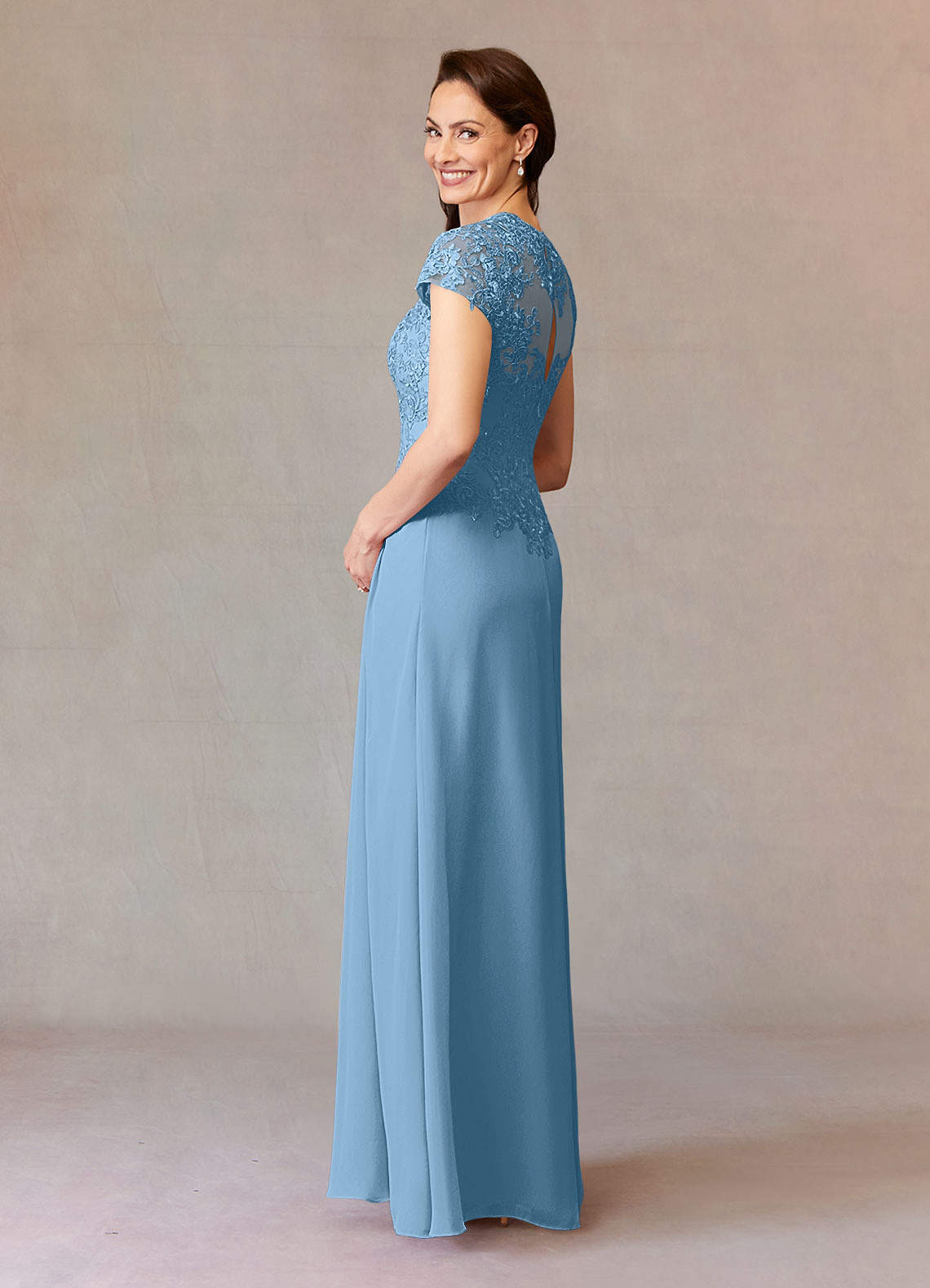 Junie A-Line Queen Anne Chiffon Mother of the Bride Dress in Steel Blue