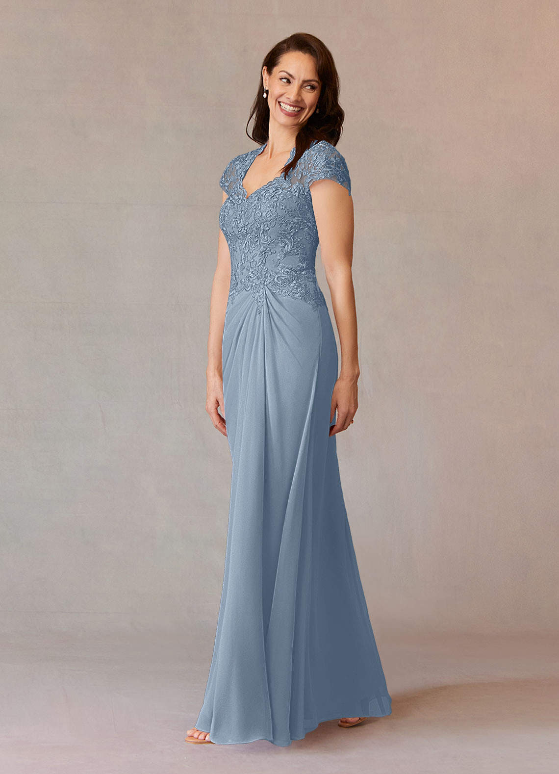 Junie A-Line Queen Anne Chiffon Mother of the Bride Dress in dusty blue