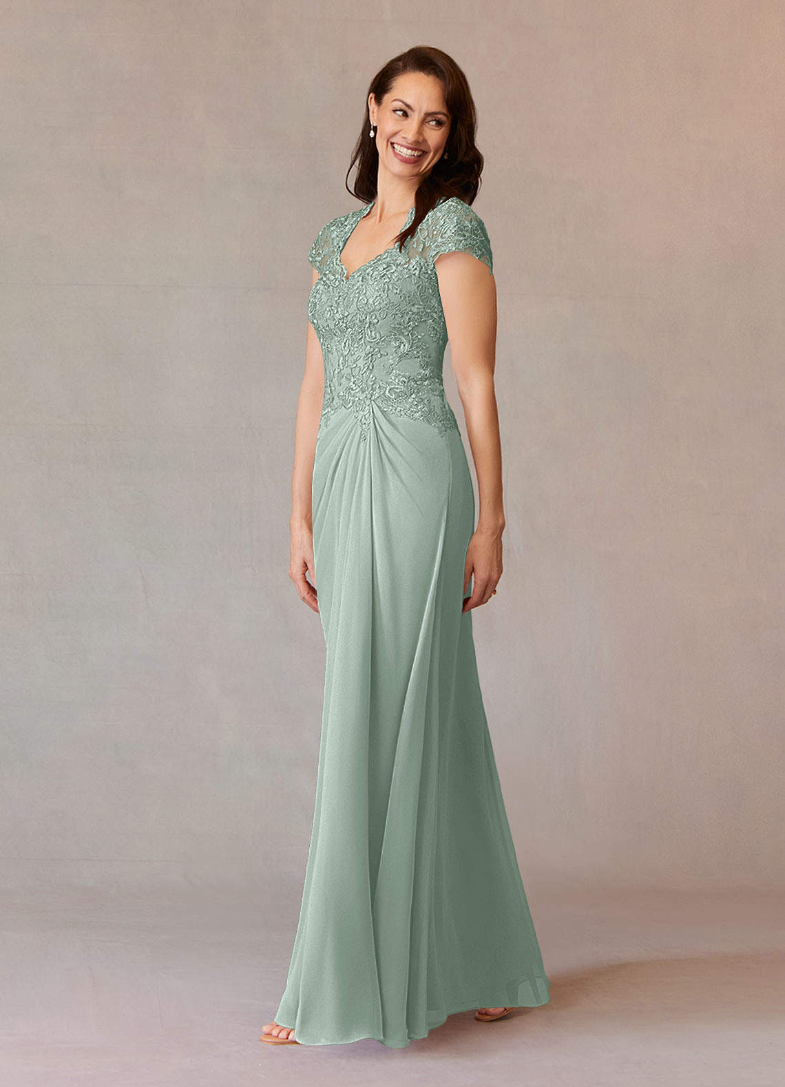 Junie A-Line Queen Anne Chiffon Mother of the Bride Dress in Agave
