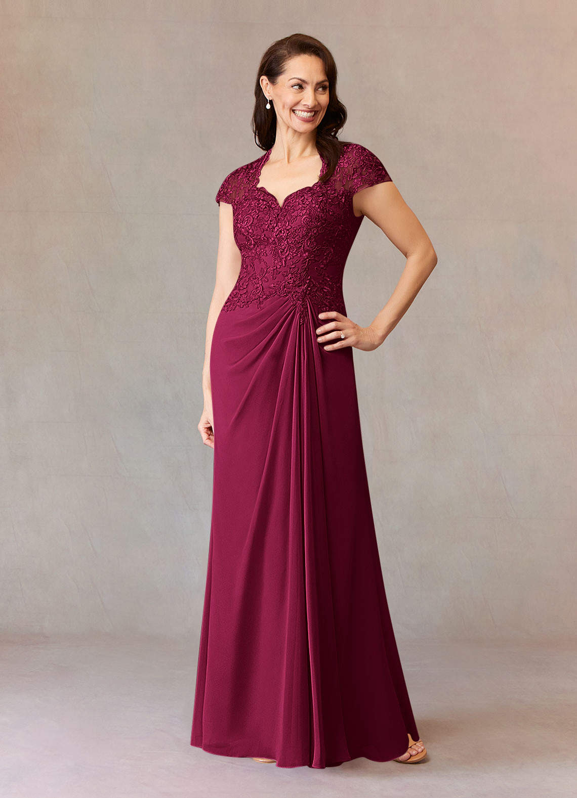 Junie A-Line Queen Anne Chiffon Mother of the Bride Dress in Burgundy