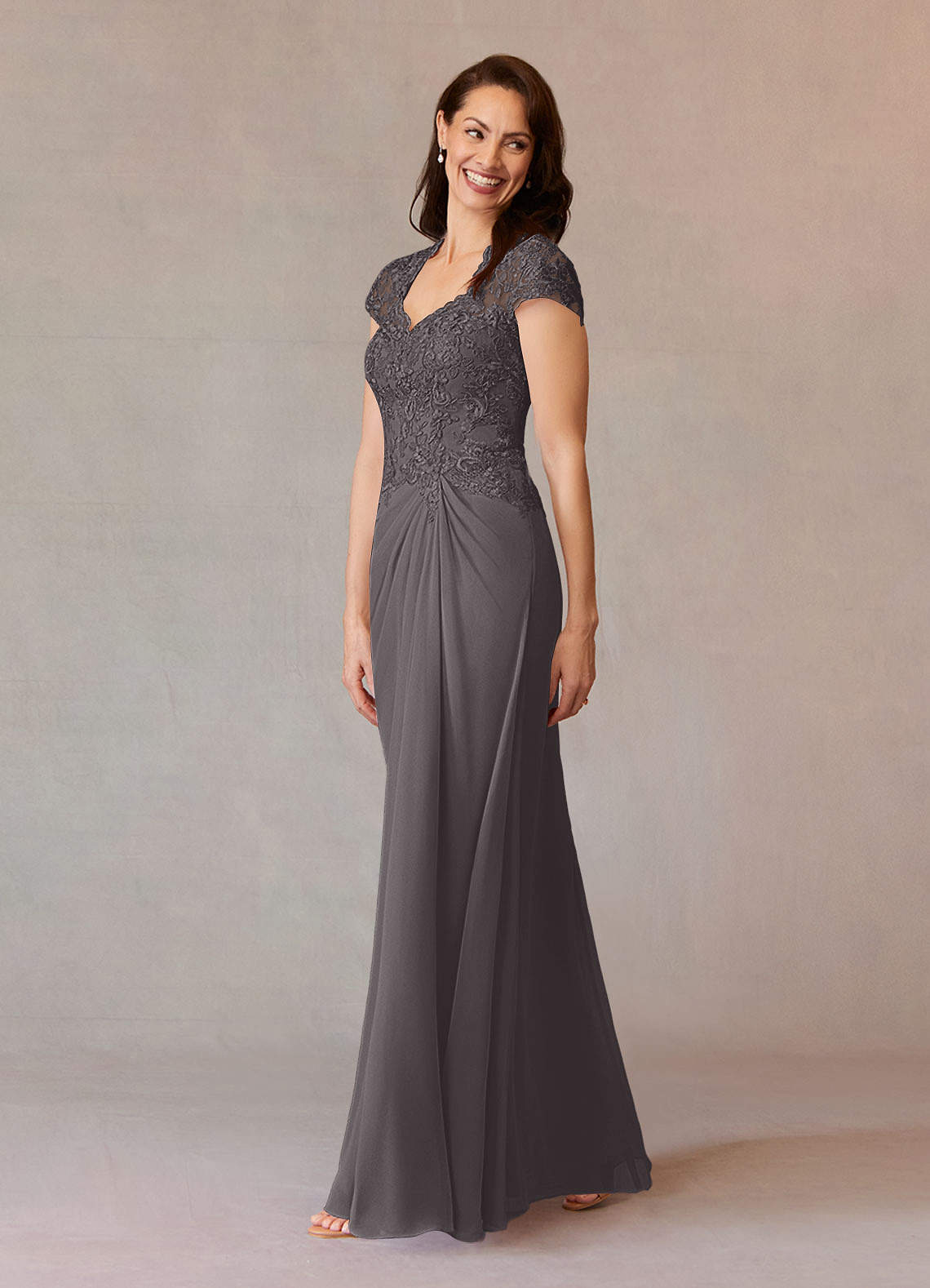 Junie A-Line Queen Anne Chiffon Mother of the Bride Dress in Steel Grey