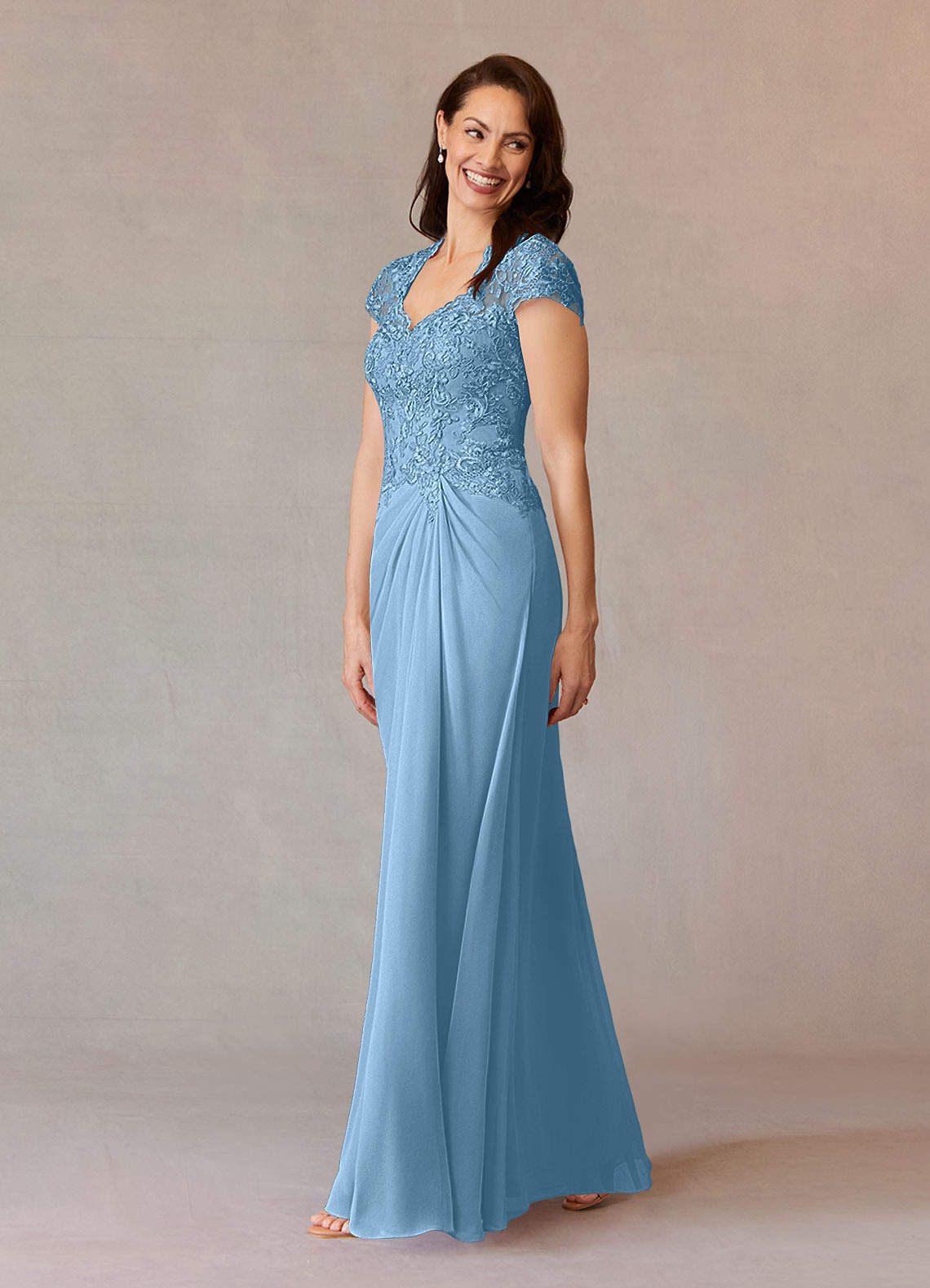Junie A-Line Queen Anne Chiffon Mother of the Bride Dress in Steel Blue