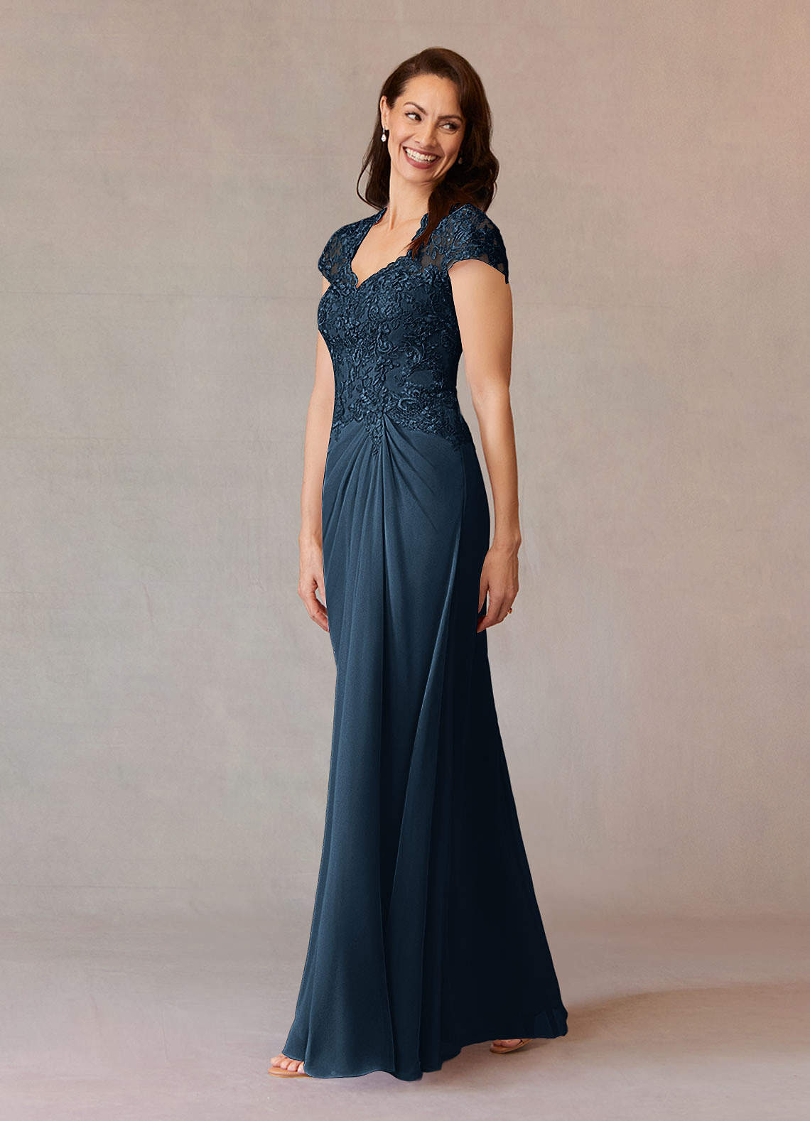 Junie A-Line Queen Anne Chiffon Mother of the Bride Dress in Dark Navy