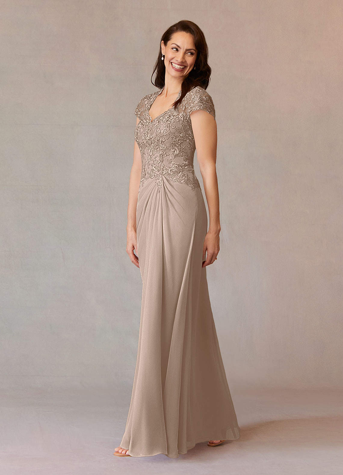 Junie A-Line Queen Anne Chiffon Mother of the Bride Dress in taupe