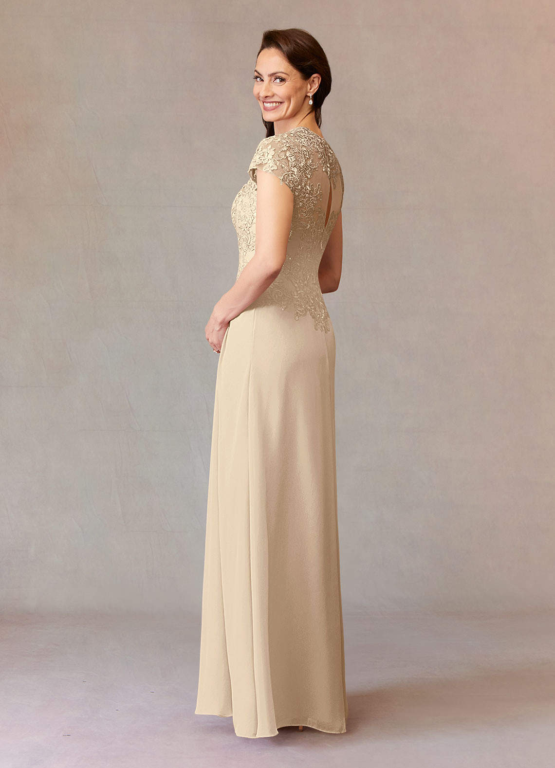 Junie A-Line Queen Anne Chiffon Mother of the Bride Dress in champagne