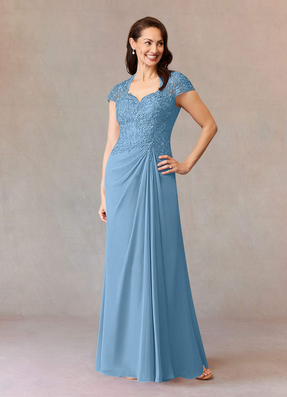 Junie A-Line Queen Anne Chiffon Mother of the Bride Dress in Steel Blue