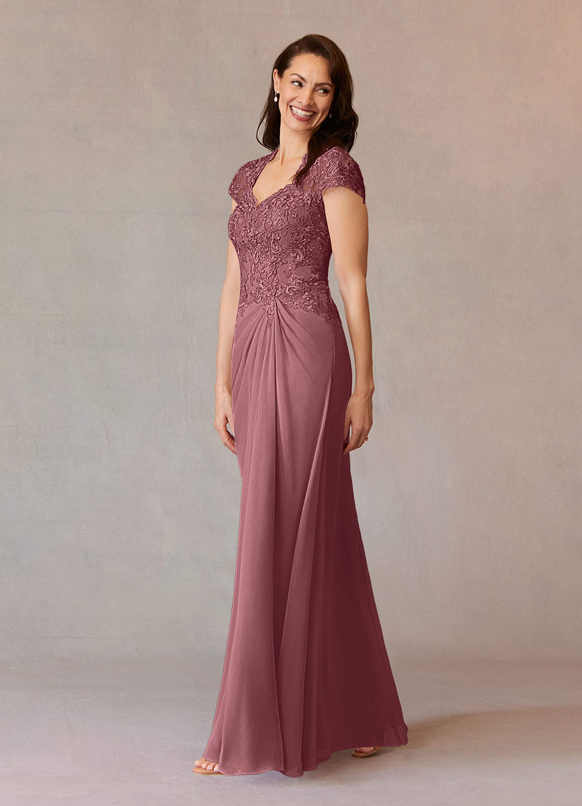 Junie A-Line Queen Anne Chiffon Mother of the Bride Dress in Desert Rose