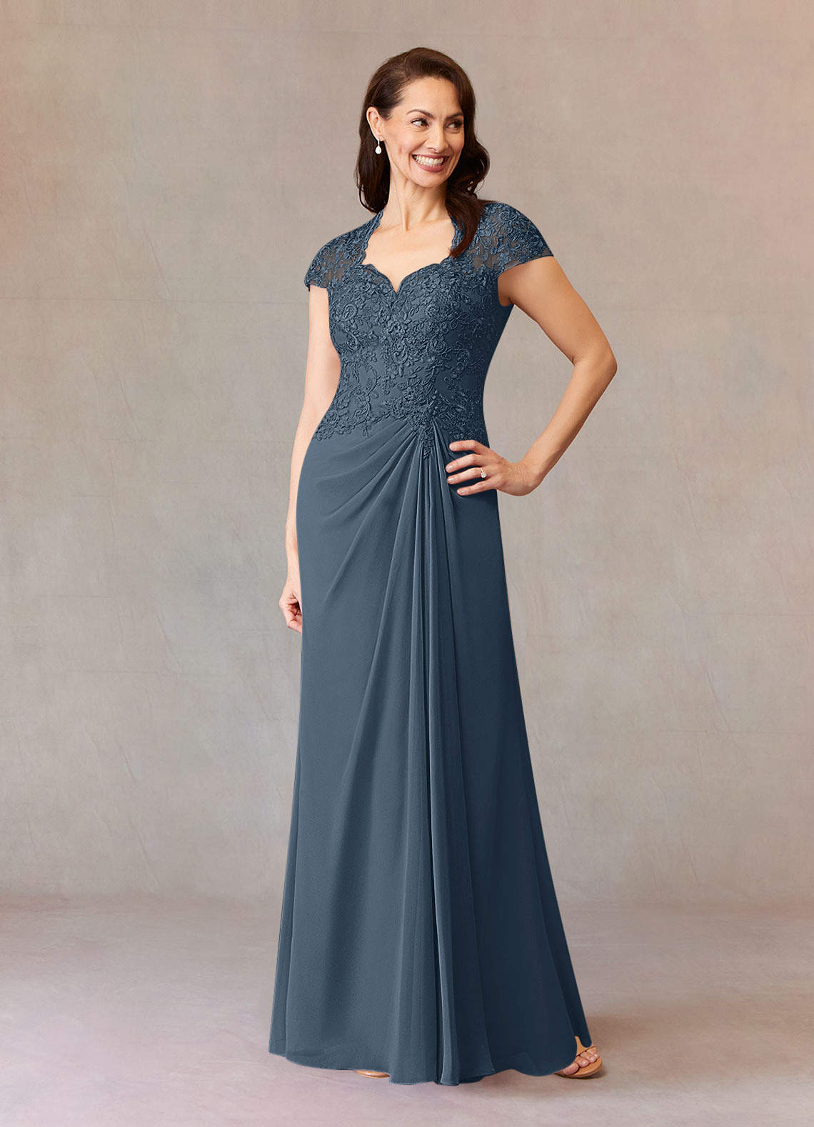 Junie A-Line Queen Anne Chiffon Mother of the Bride Dress in Neptune