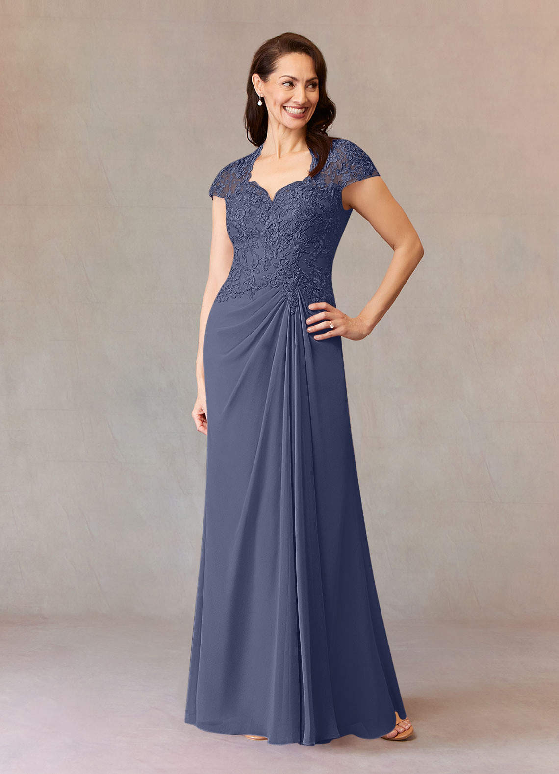 Junie A-Line Queen Anne Chiffon Mother of the Bride Dress in Stormy