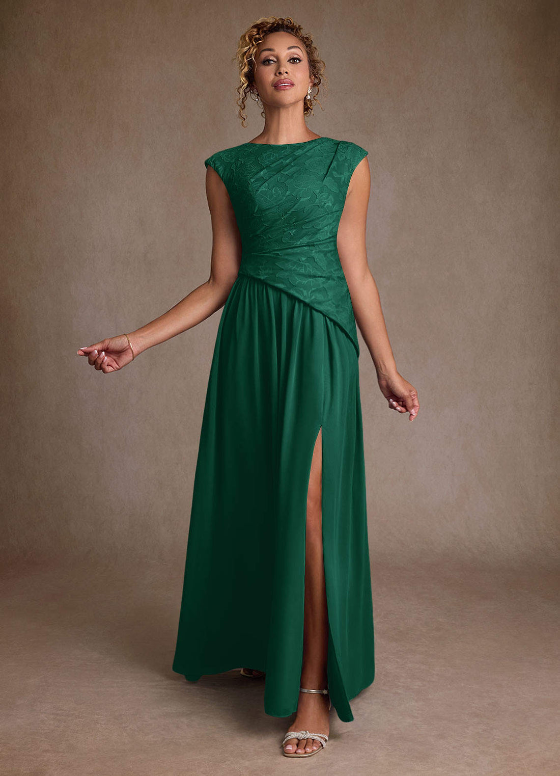 Kalleen A-Line Boat-Neck Chiffon and Floral Burnout Mother of the Bride Dress in Emerald