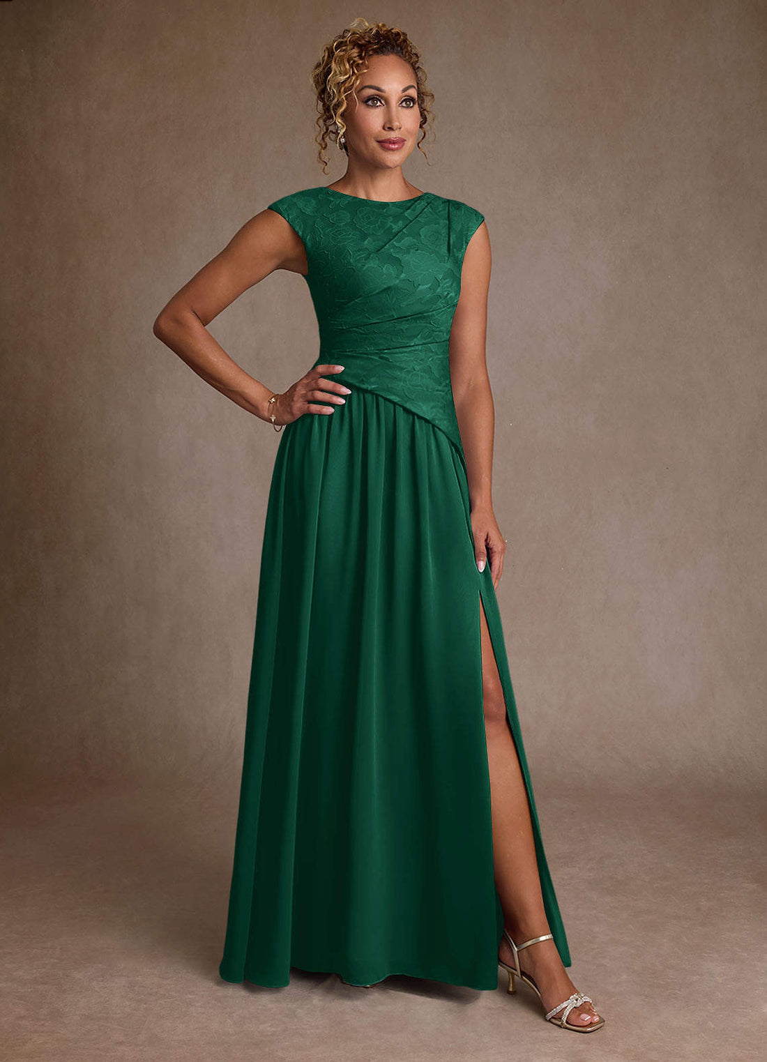 Kalleen A-Line Boat-Neck Chiffon and Floral Burnout Mother of the Bride Dress in Emerald