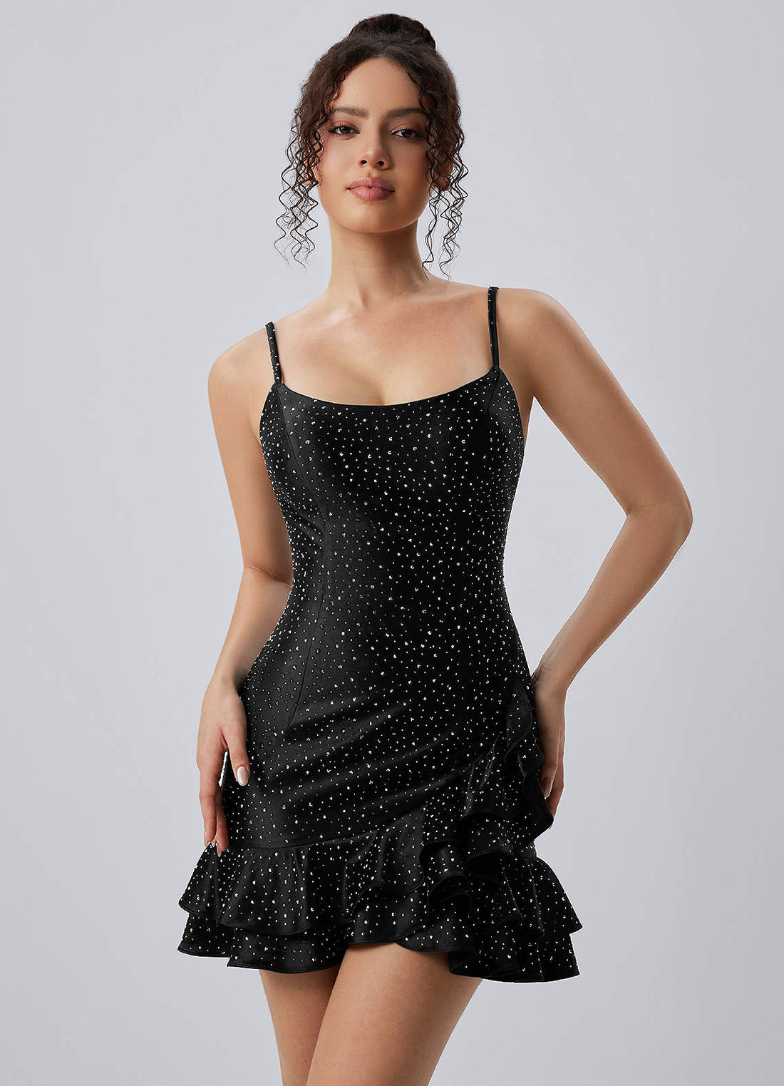 Katerina Fit-and-Flare Mini Square-Neck Rhinestone Satin Prom Dress in black