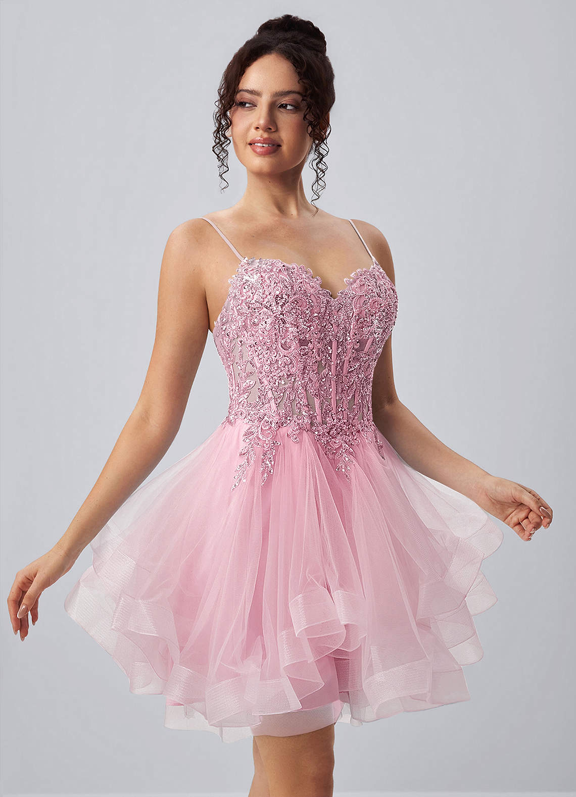 Katia A-Line Mini Corset Tulle Prom Dress in pink