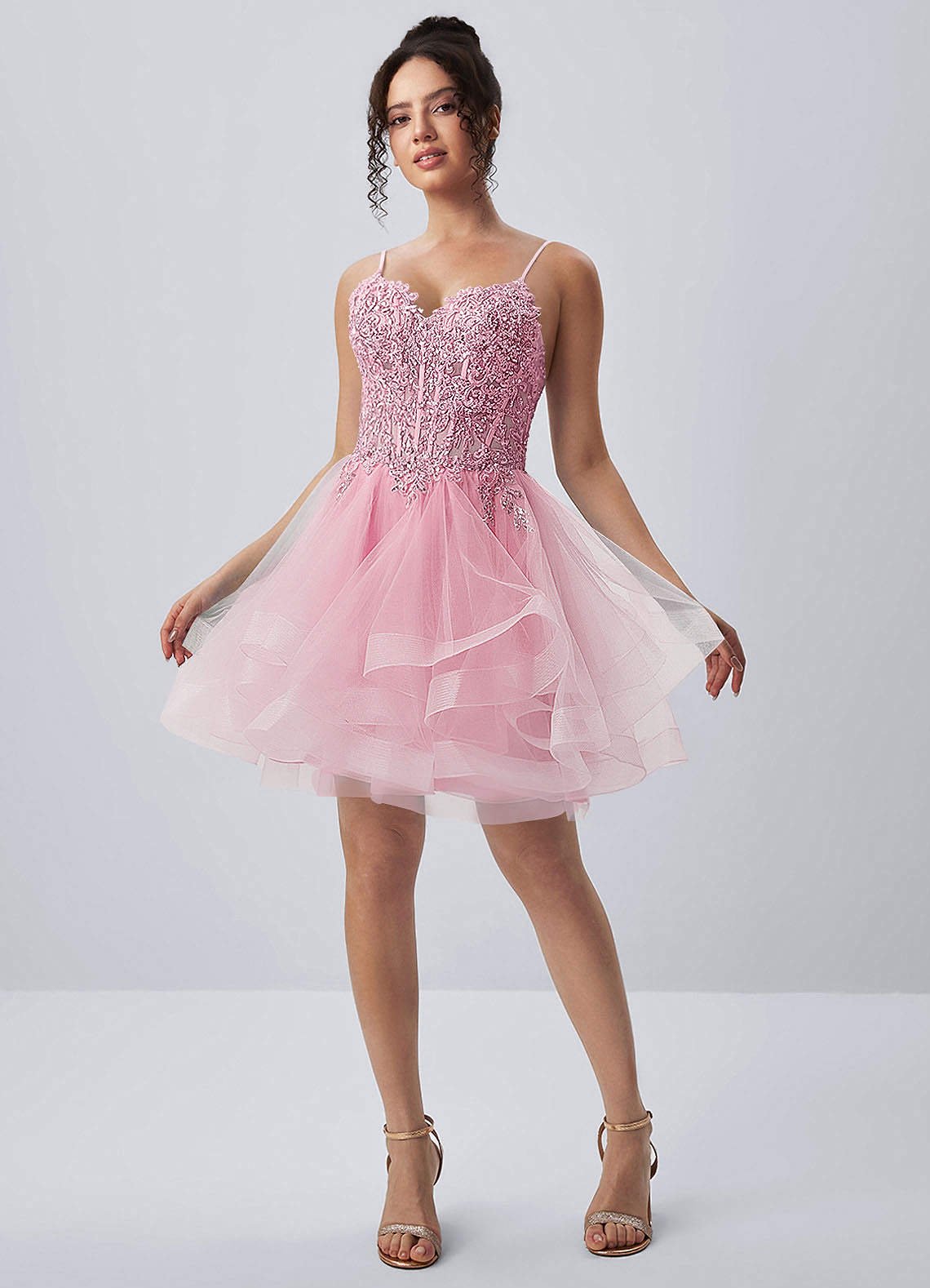 Katia A-Line Mini Corset Tulle Prom Dress in pink