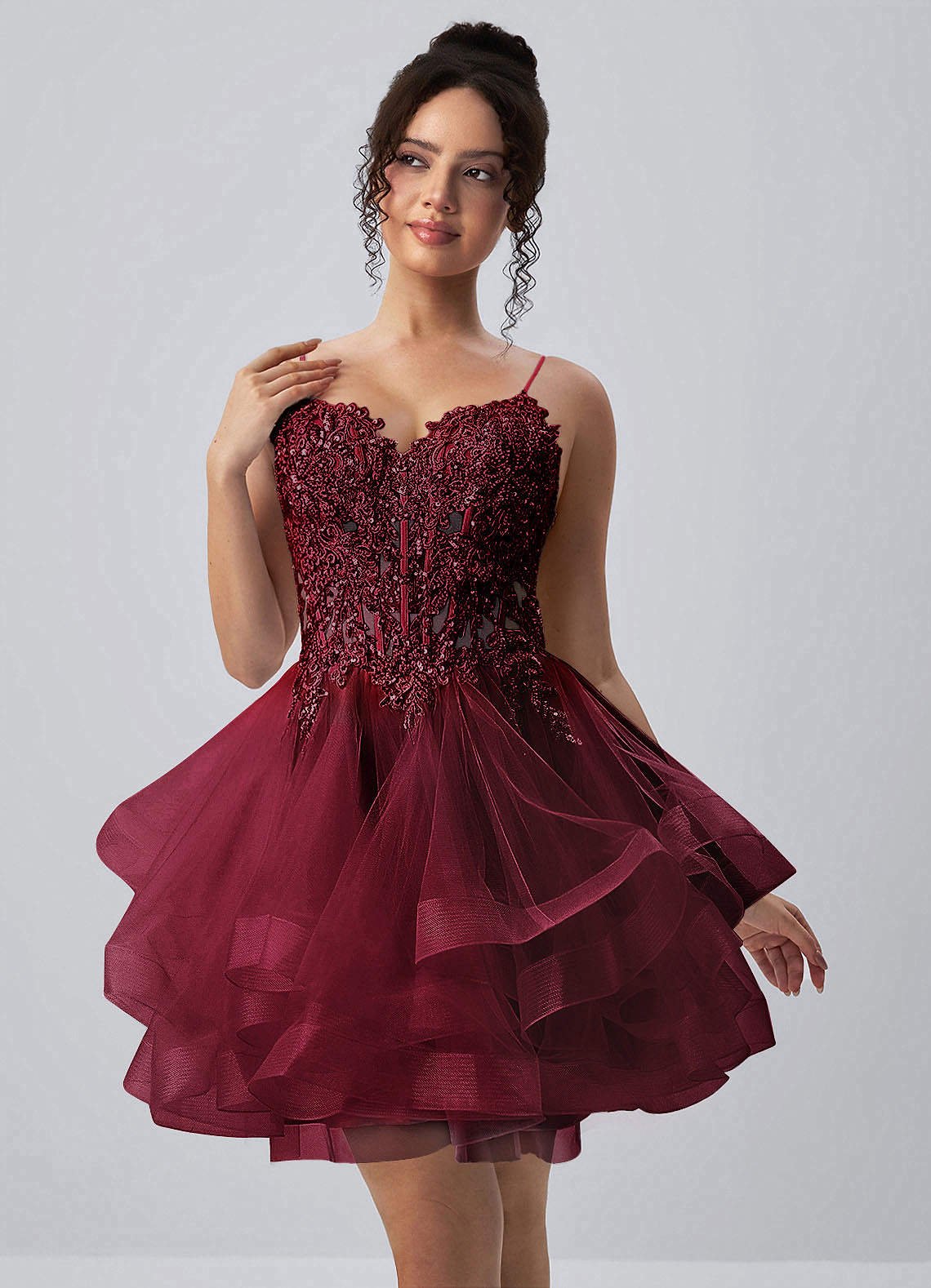 Katia A-Line Mini Corset Tulle Prom Dress in Burgundy