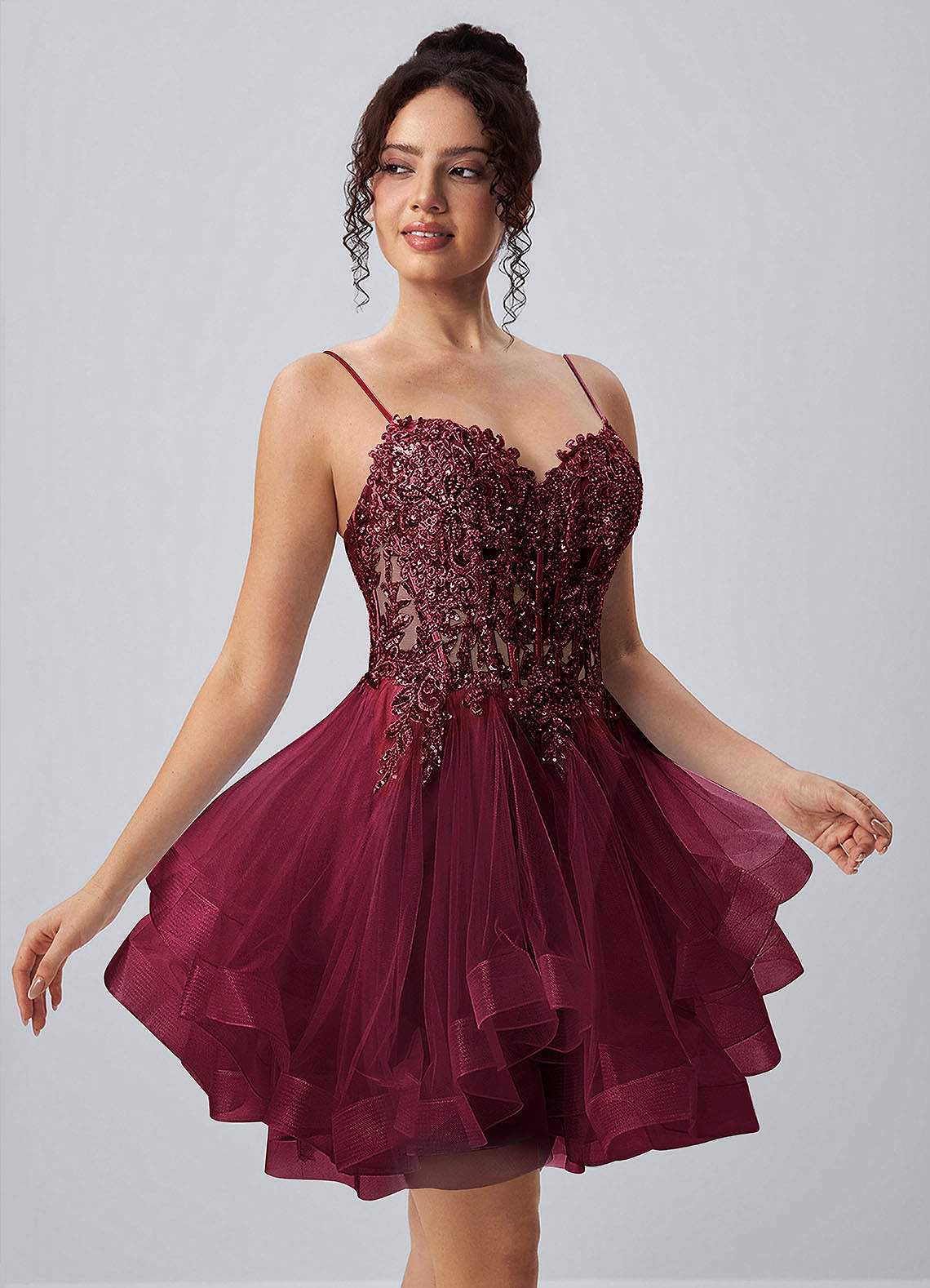 Katia A-Line Mini Corset Tulle Prom Dress in Burgundy
