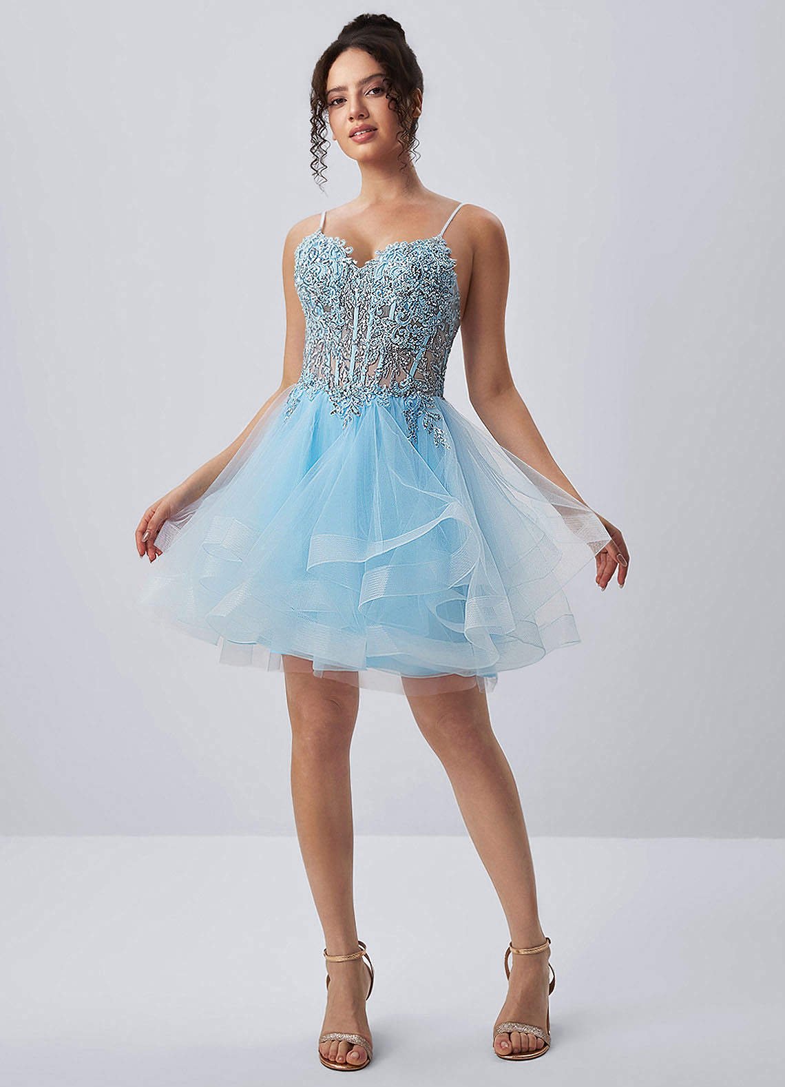 Katia A-Line Mini Corset Tulle Prom Dress in Sky Blue