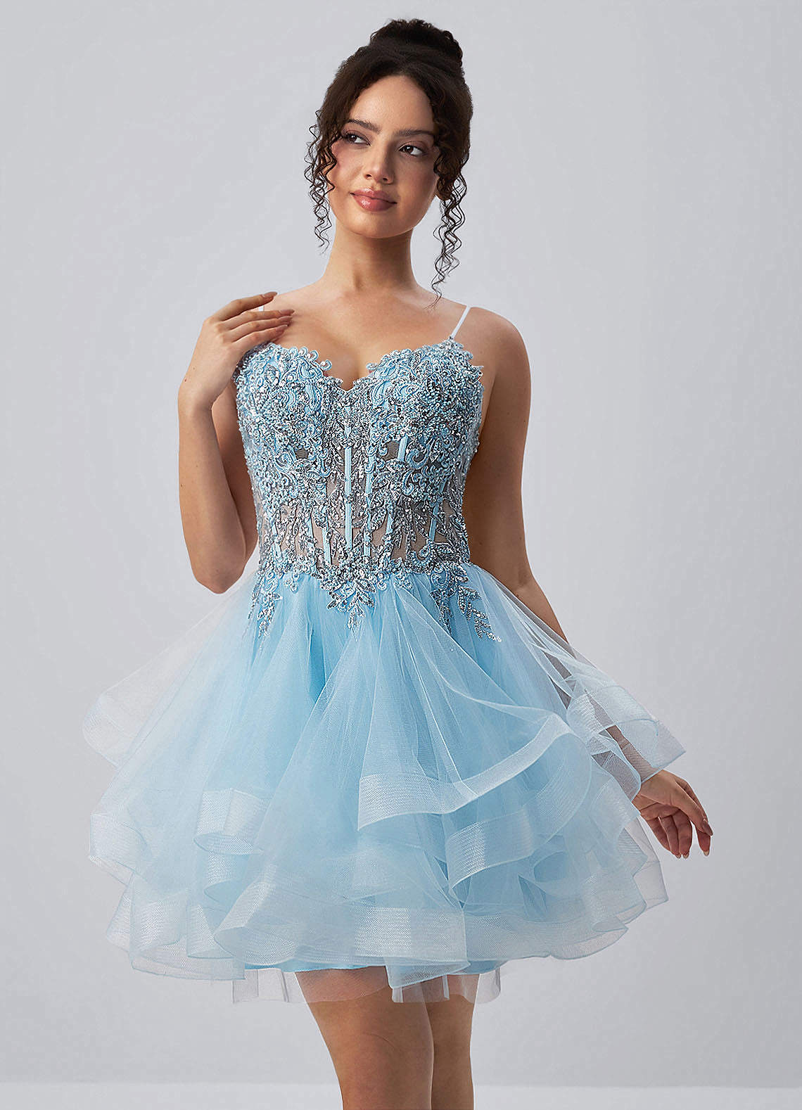 Katia A-Line Mini Corset Tulle Prom Dress in Sky Blue
