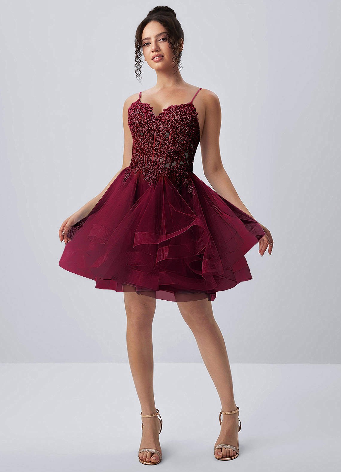 Katia A-Line Mini Corset Tulle Prom Dress in Burgundy