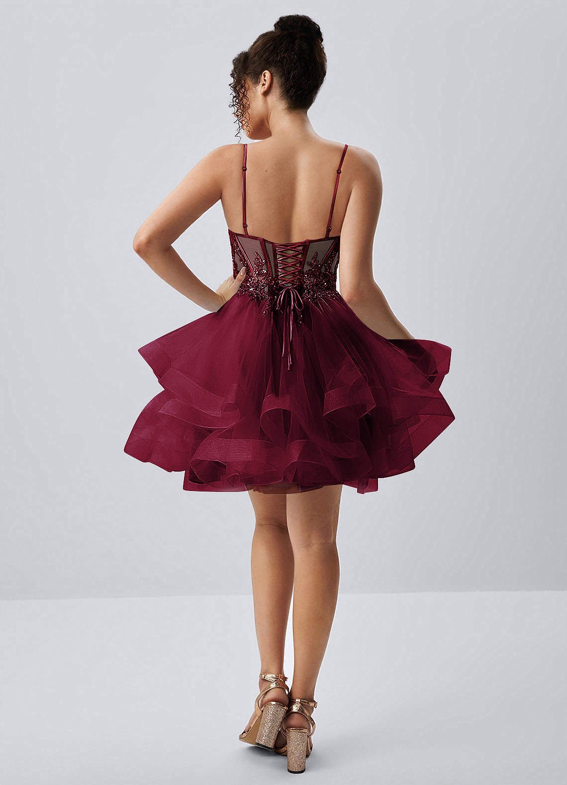 Katia A-Line Mini Corset Tulle Prom Dress in Burgundy