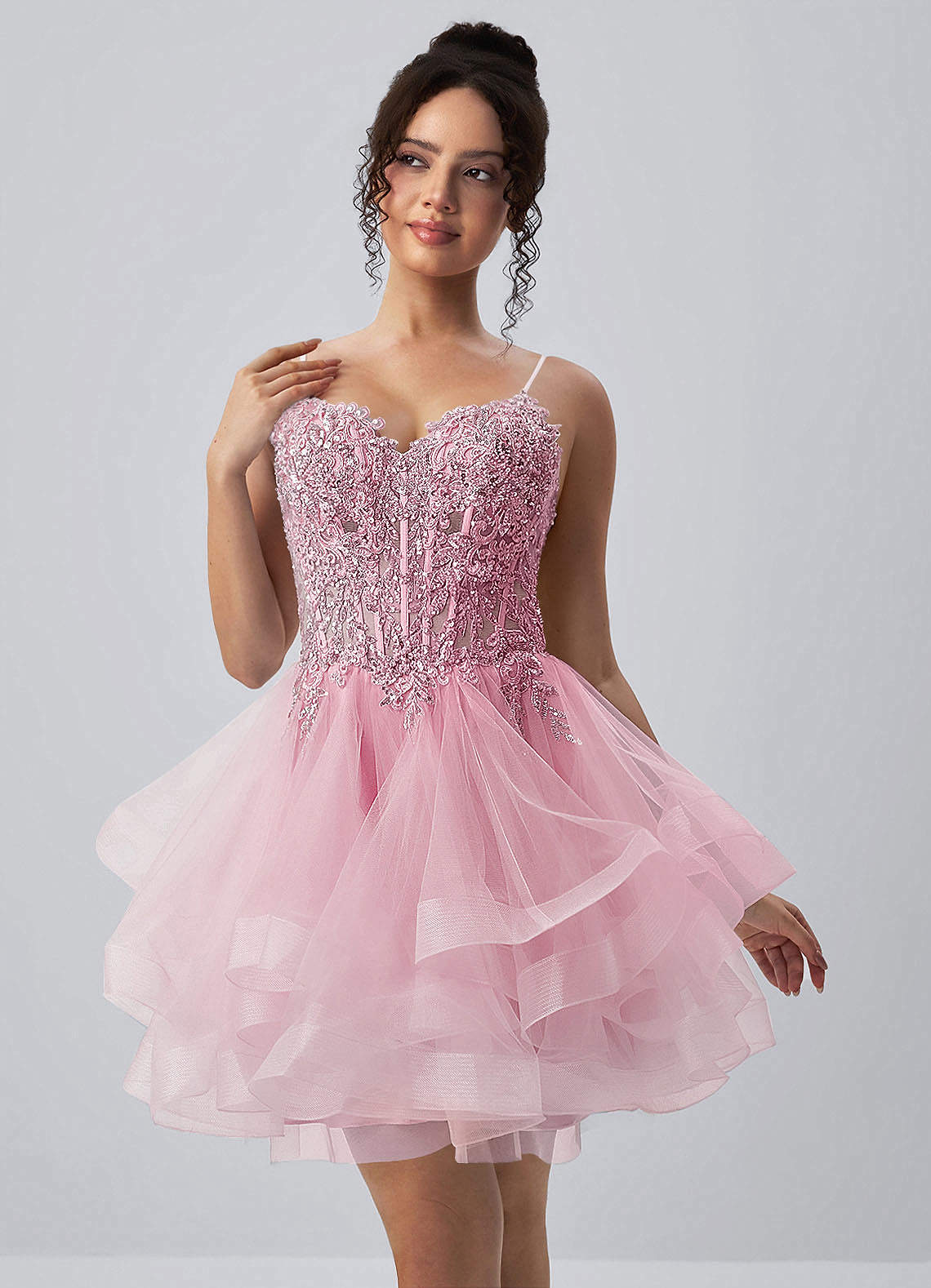 Katia A-Line Mini Corset Tulle Prom Dress in pink