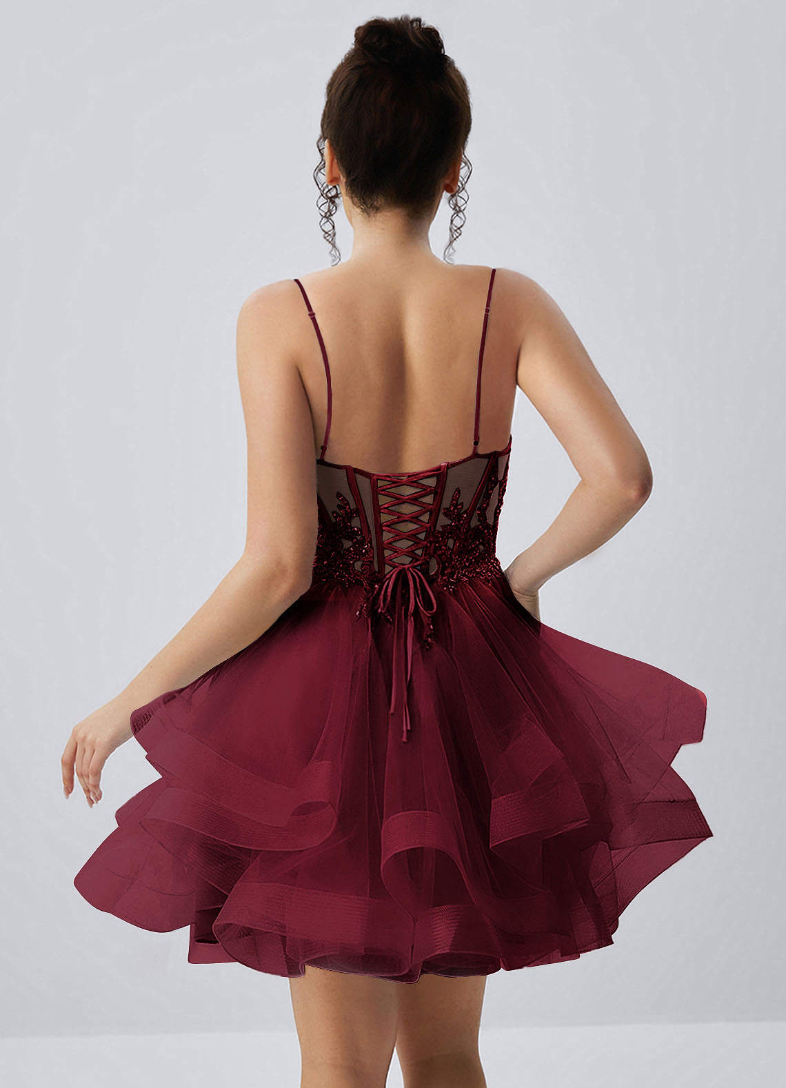 Katia A-Line Mini Corset Tulle Prom Dress in Burgundy