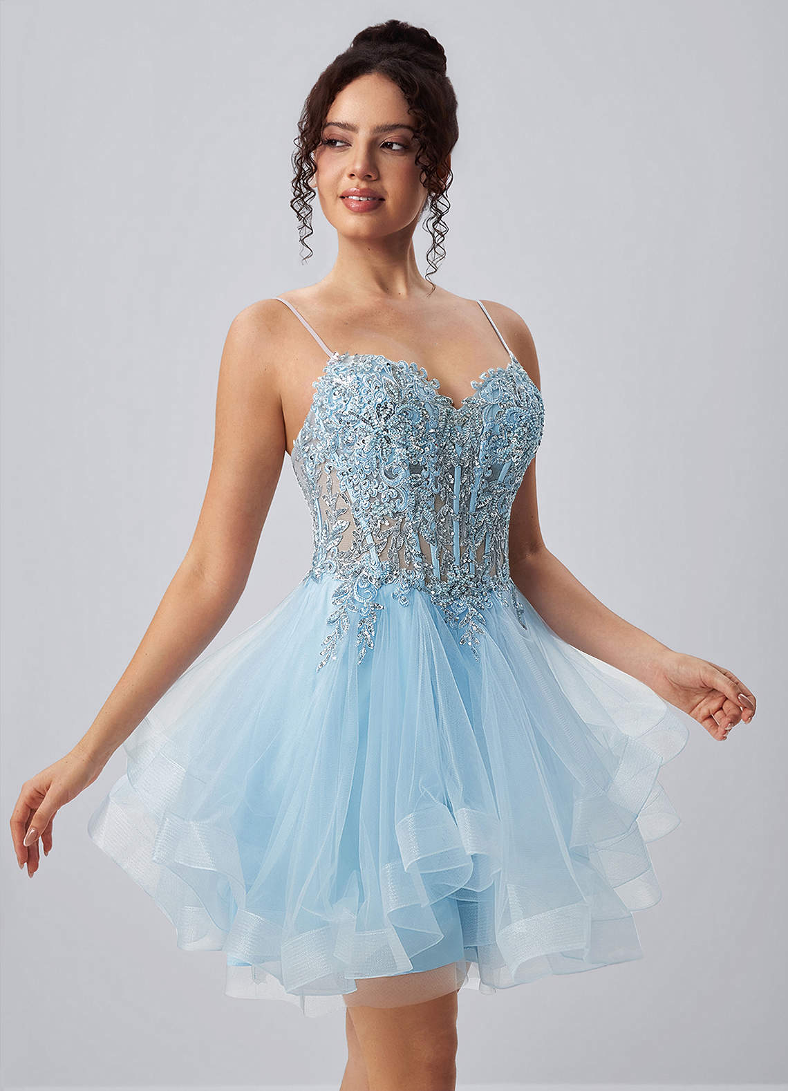 Katia A-Line Mini Corset Tulle Prom Dress in Sky Blue