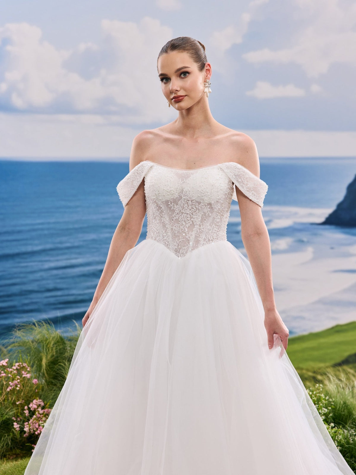 Kavina white wedding dress, detail and alternate angle