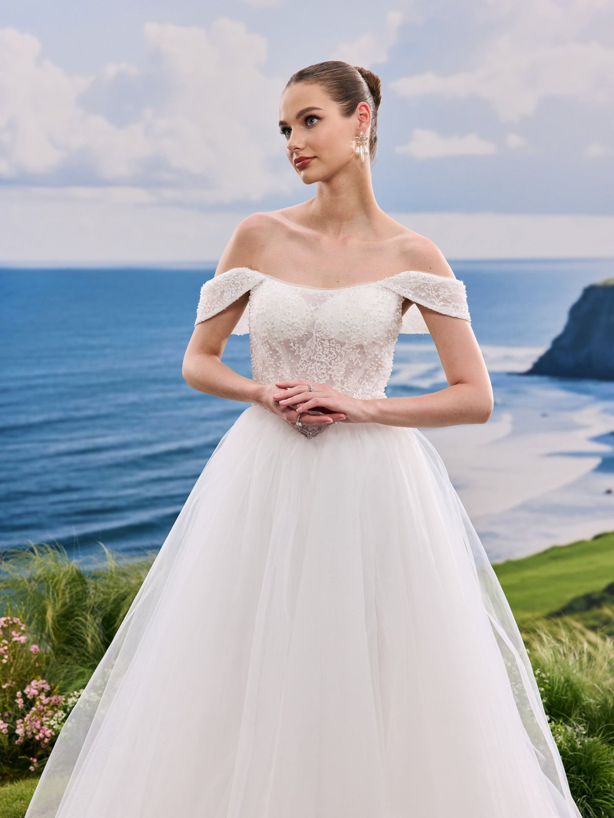 Kavina white wedding dress, detail and alternate angle