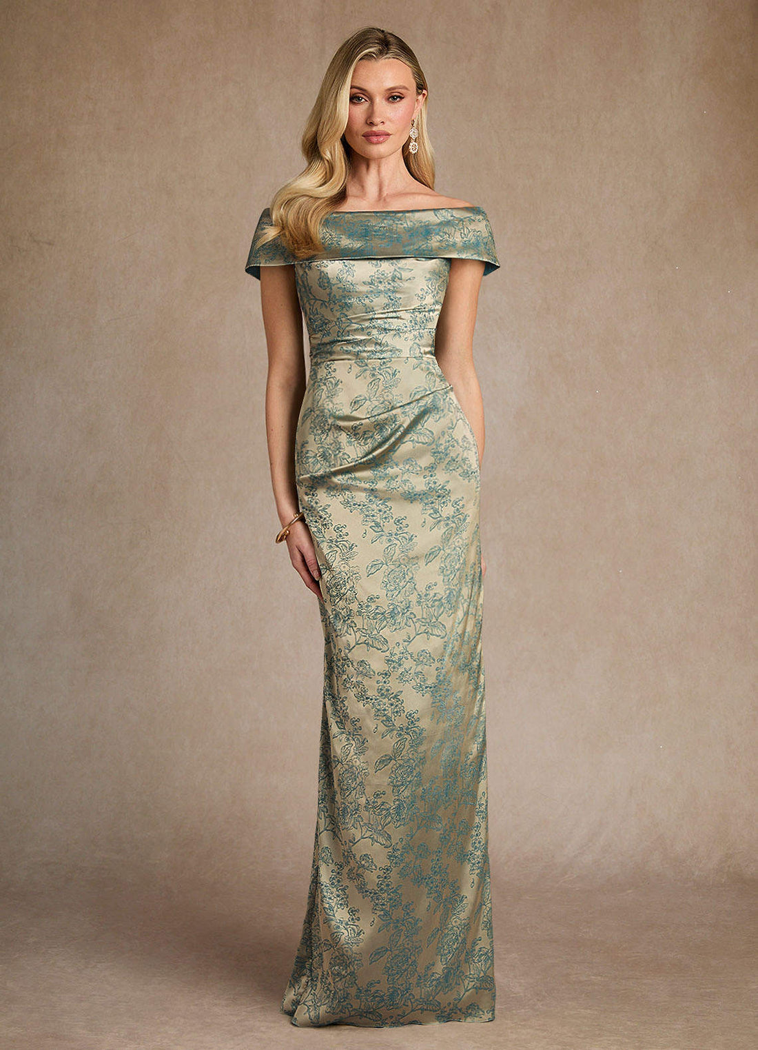 Kenosha Sheath Off-the-Shoulder Jacquard Mother of the Bride Dress in Platinum Teal