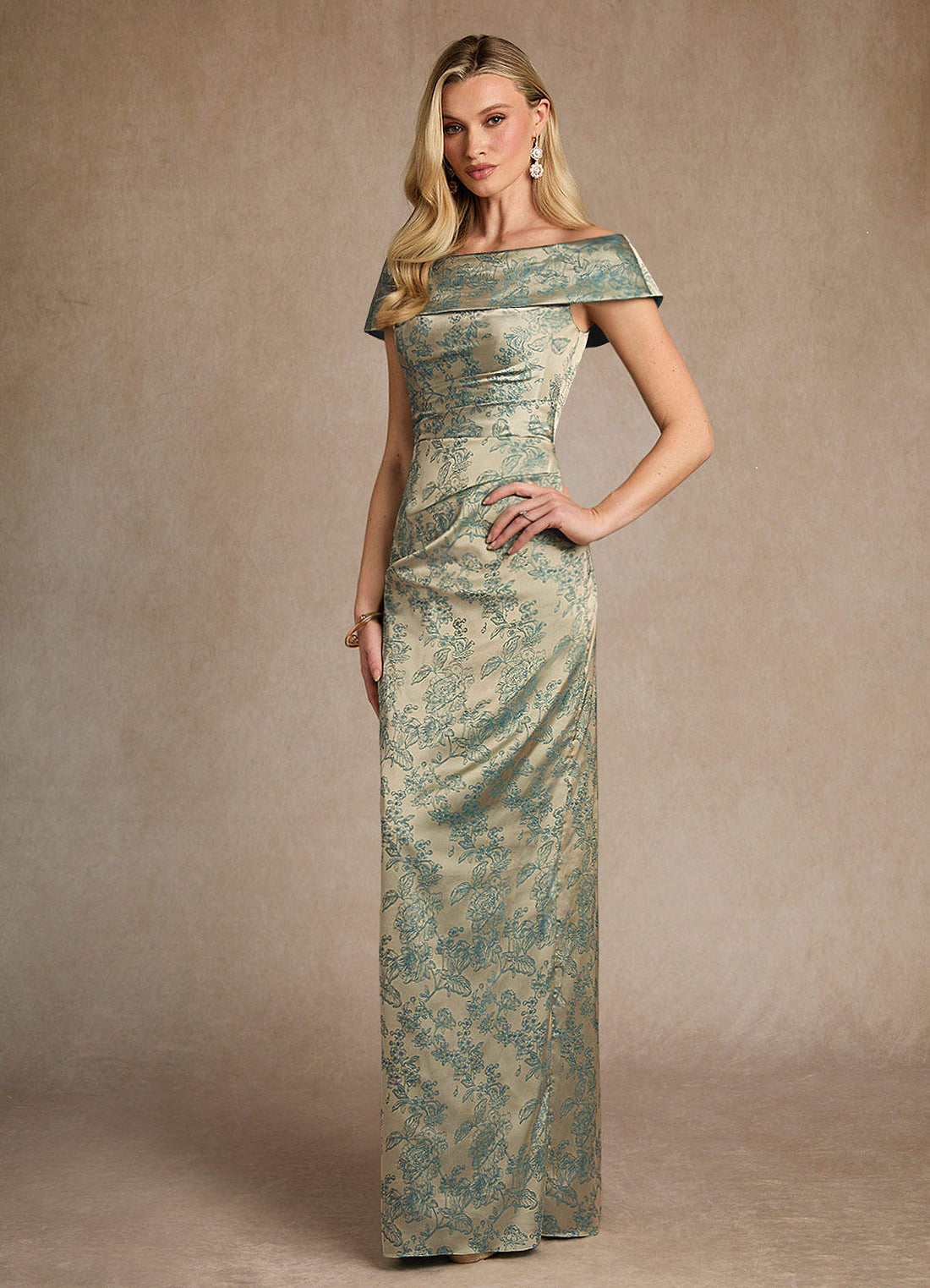Kenosha Sheath Off-the-Shoulder Jacquard Mother of the Bride Dress in Platinum Teal