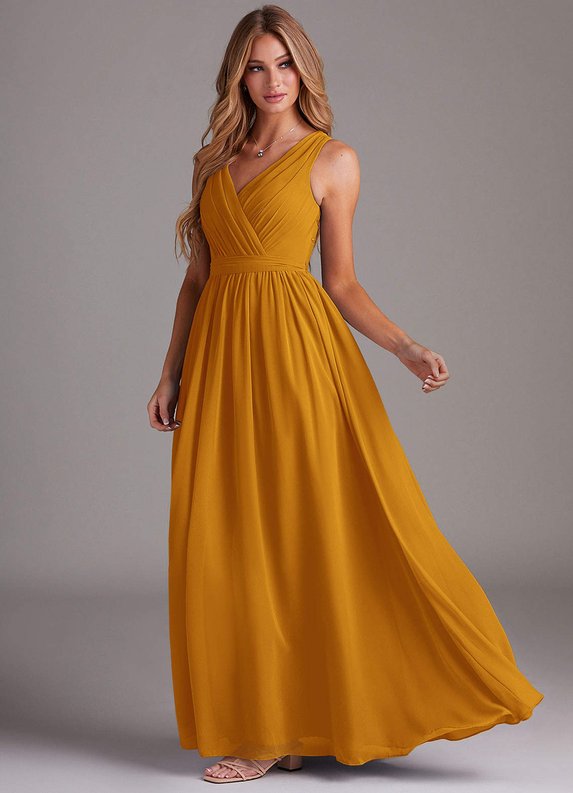 Kingsley A-Line V-Neck Chiffon Bridesmaid Dress in butterscotch