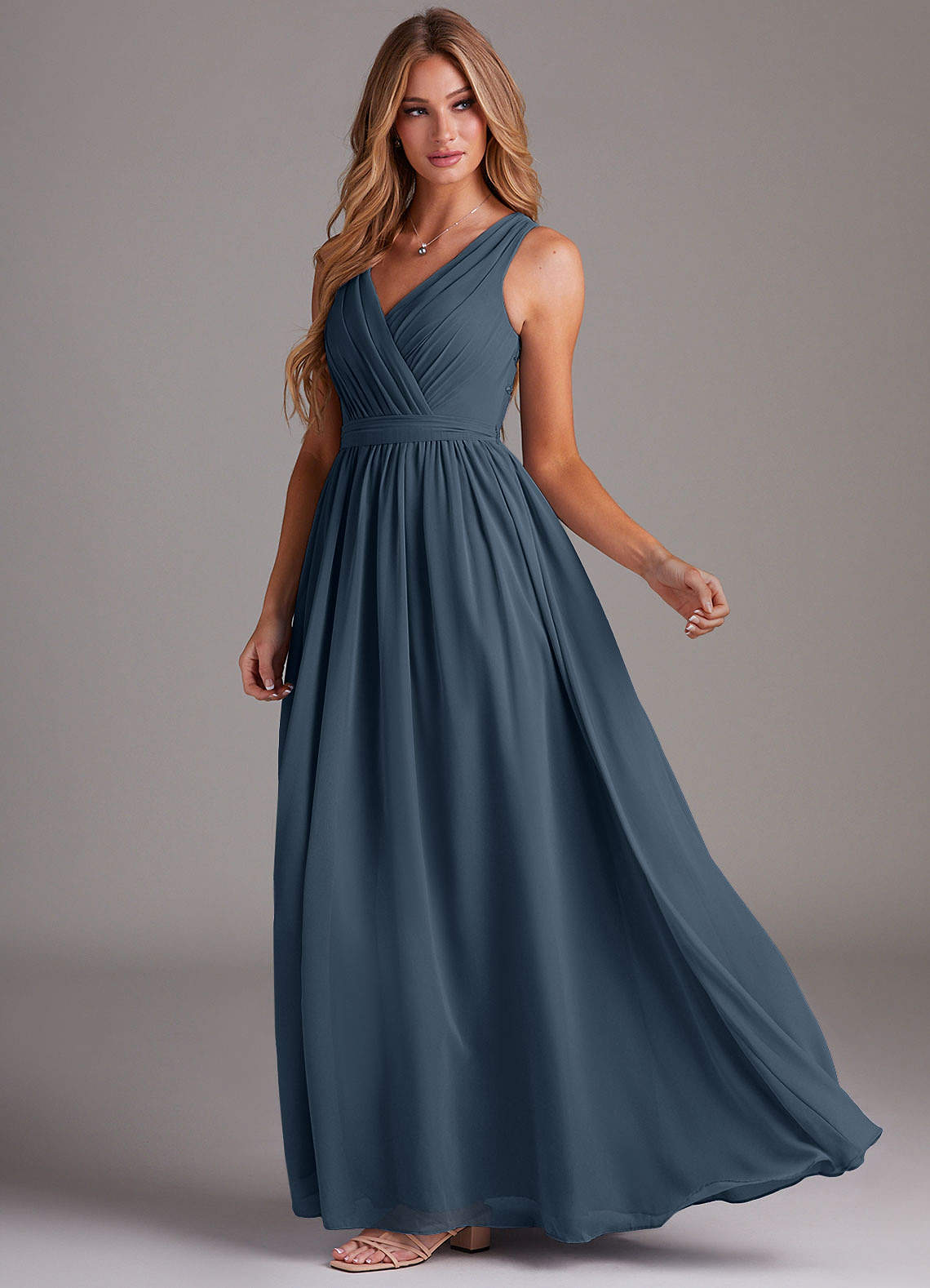 Kingsley A-Line V-Neck Chiffon Bridesmaid Dress in Neptune