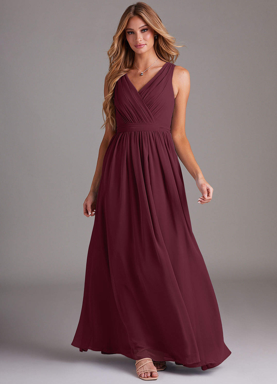 Kingsley A-Line V-Neck Chiffon Bridesmaid Dress in Cabernet