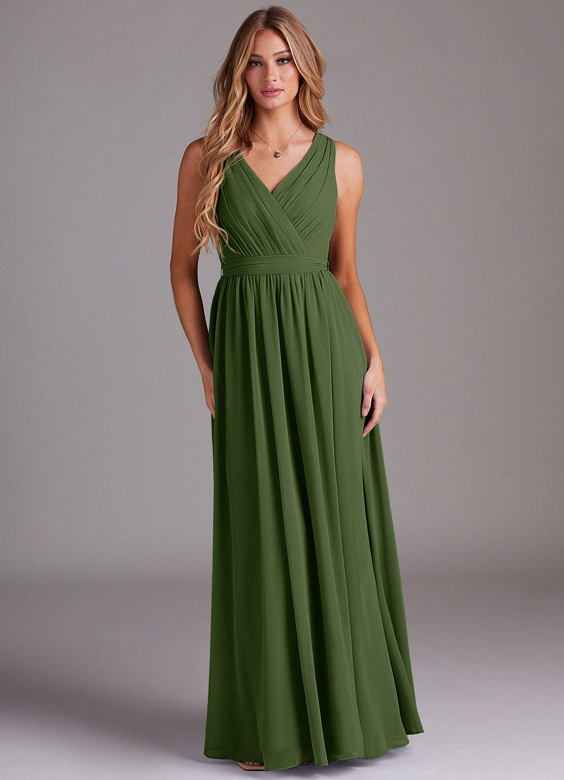 Kingsley A-Line V-Neck Chiffon Bridesmaid Dress in Olive