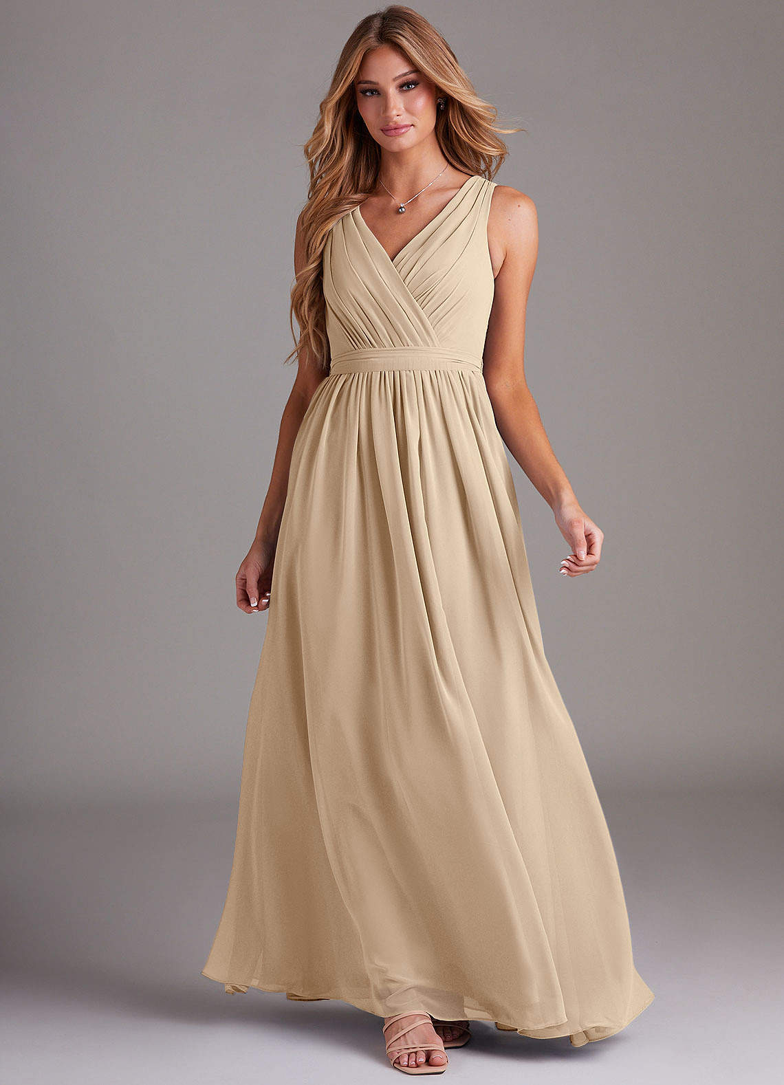 Kingsley A-Line V-Neck Chiffon Bridesmaid Dress in Champagne