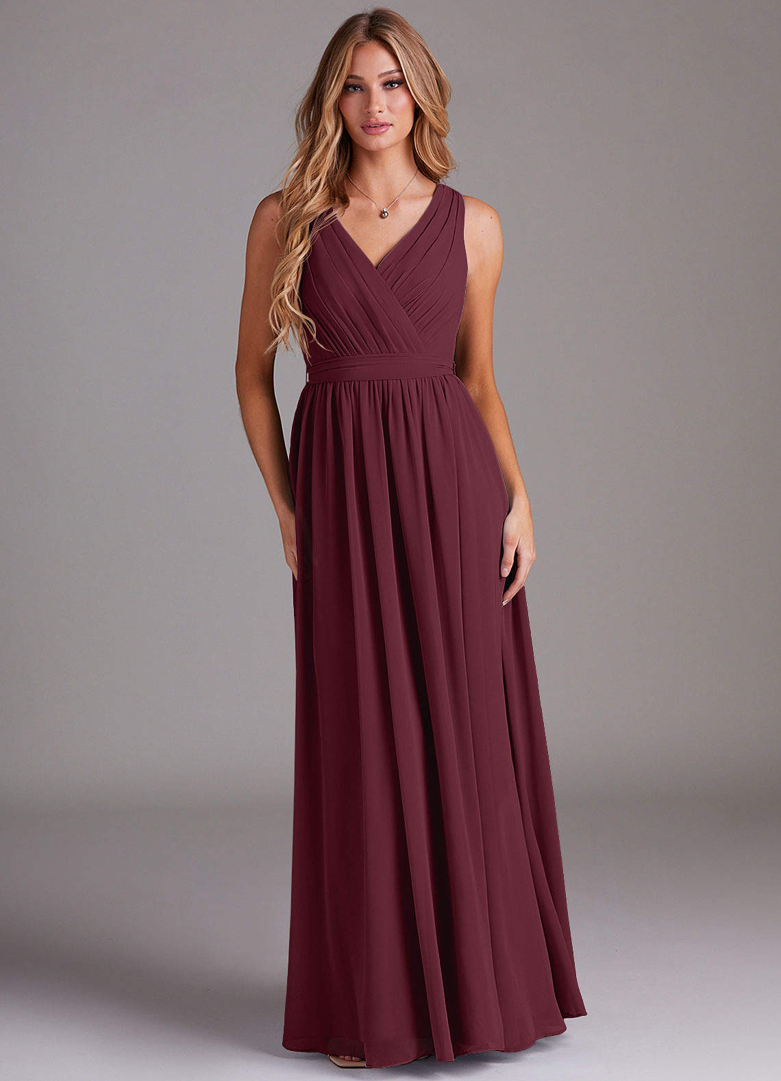 Kingsley A-Line V-Neck Chiffon Bridesmaid Dress in Cabernet