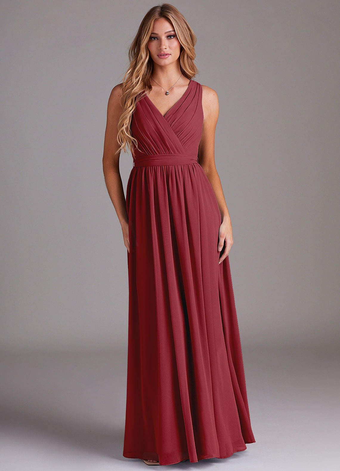 Kingsley A-Line V-Neck Chiffon Bridesmaid Dress in Pomegranate