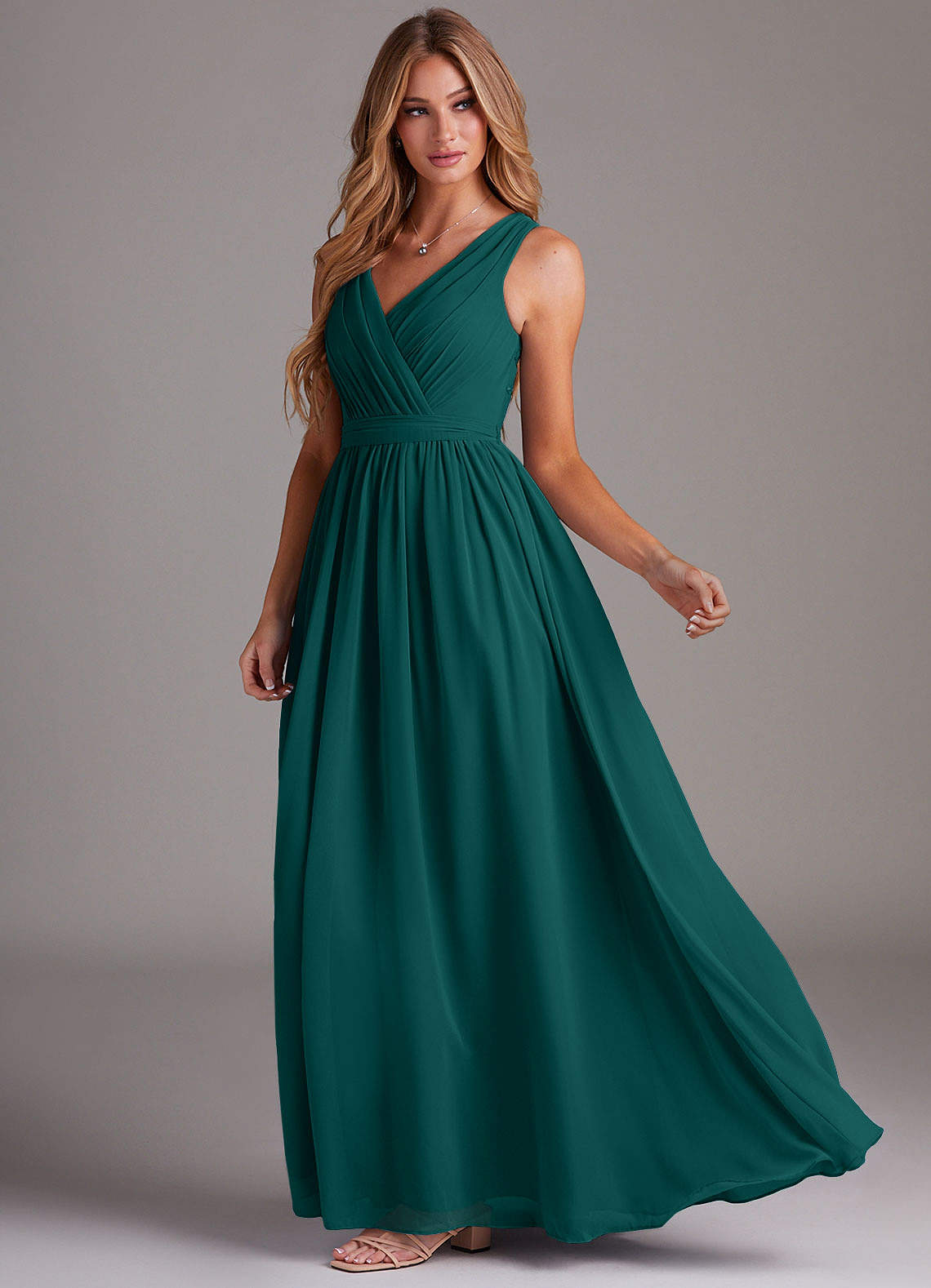 Kingsley A-Line V-Neck Chiffon Bridesmaid Dress in Peacock