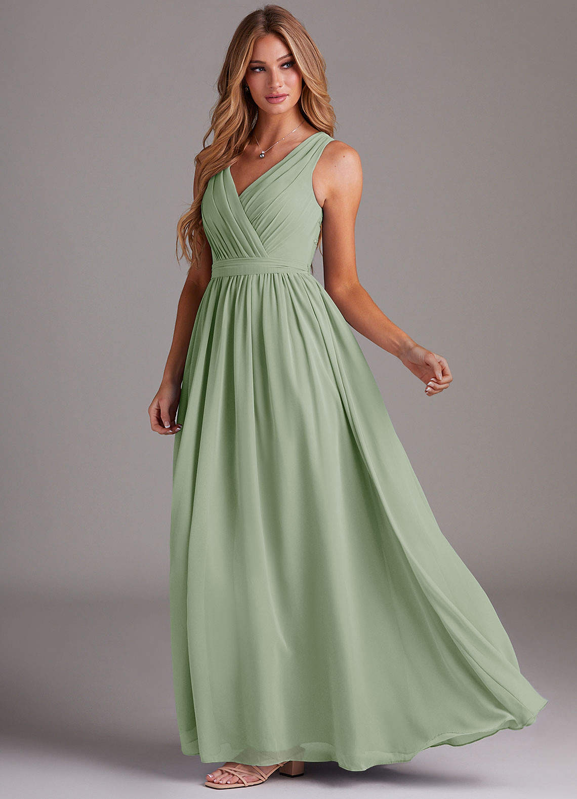 Kingsley A-Line V-Neck Chiffon Bridesmaid Dress in Dusty Sage