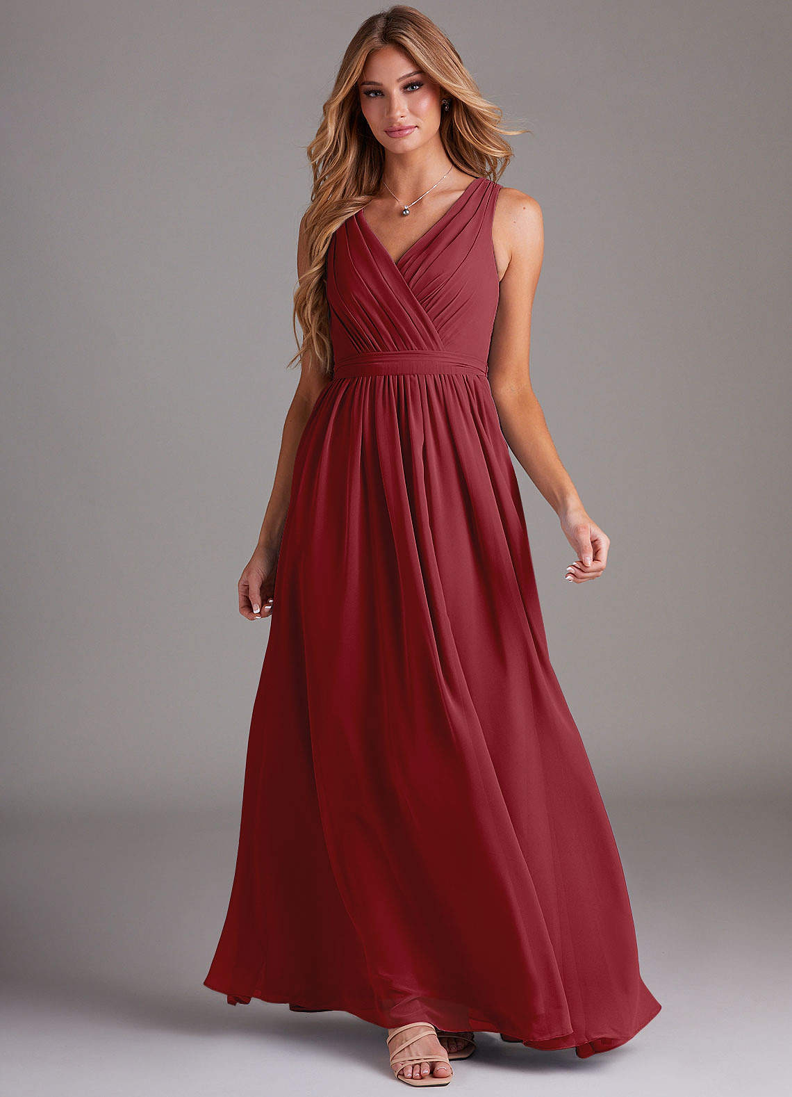 Kingsley A-Line V-Neck Chiffon Bridesmaid Dress in Pomegranate