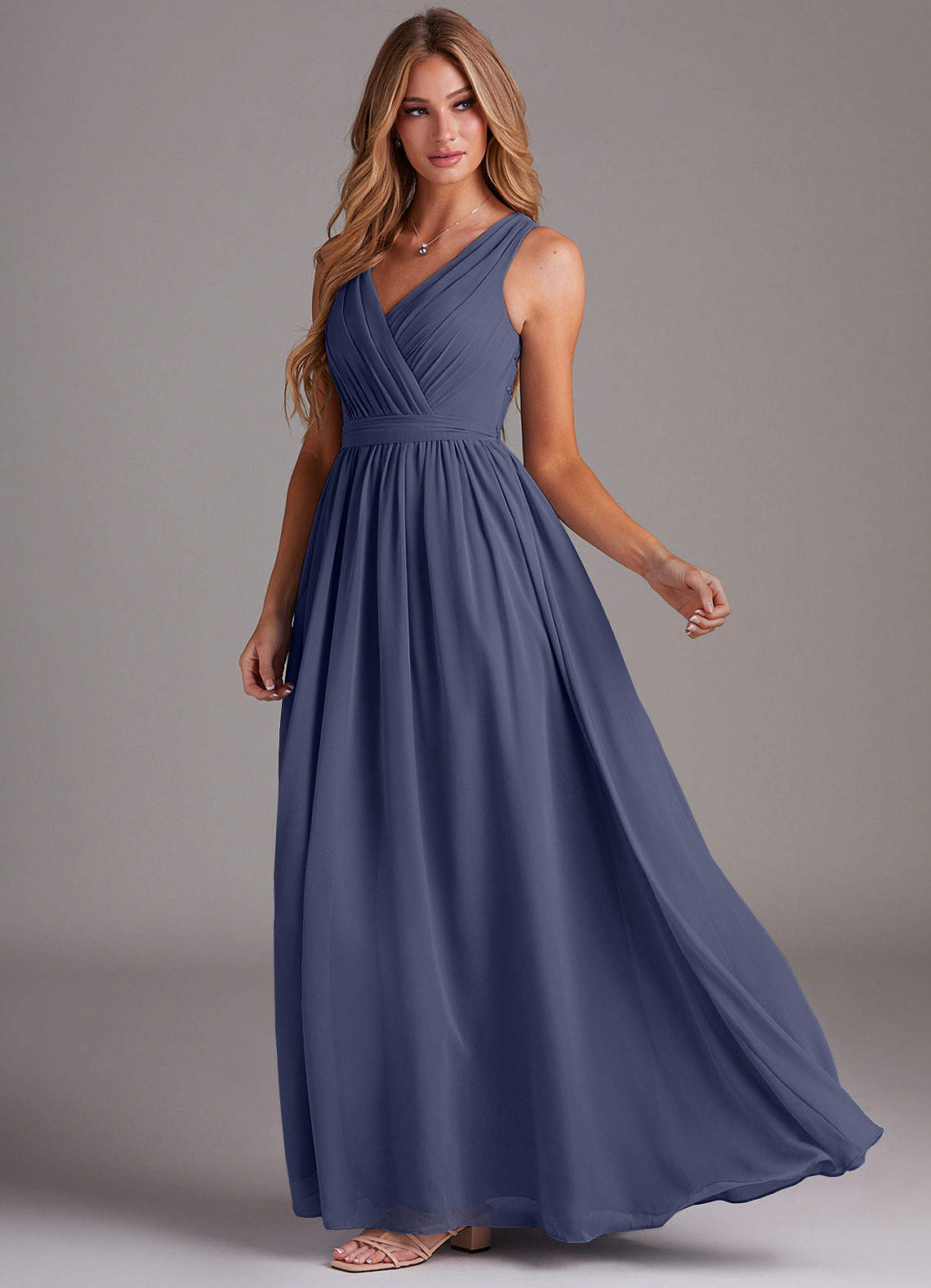 Kingsley A-Line V-Neck Chiffon Bridesmaid Dress in Stormy
