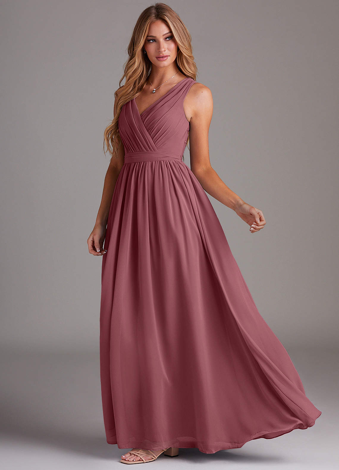 Kingsley A-Line V-Neck Chiffon Bridesmaid Dress in Desert Rose
